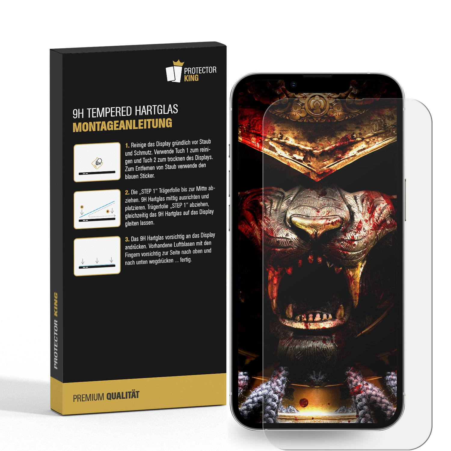 Protector King Displayschutzfolienbox und ein Telefon mit angebrachtem Schutz. Die Box enthält Anweisungen.