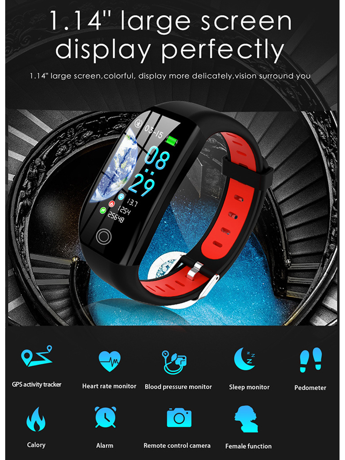 Eine schwarz-rote Smartwatch mit einem Bildschirm, der Zeit und Gesundheitsdaten anzeigt. Symbole unten sind sichtbar.