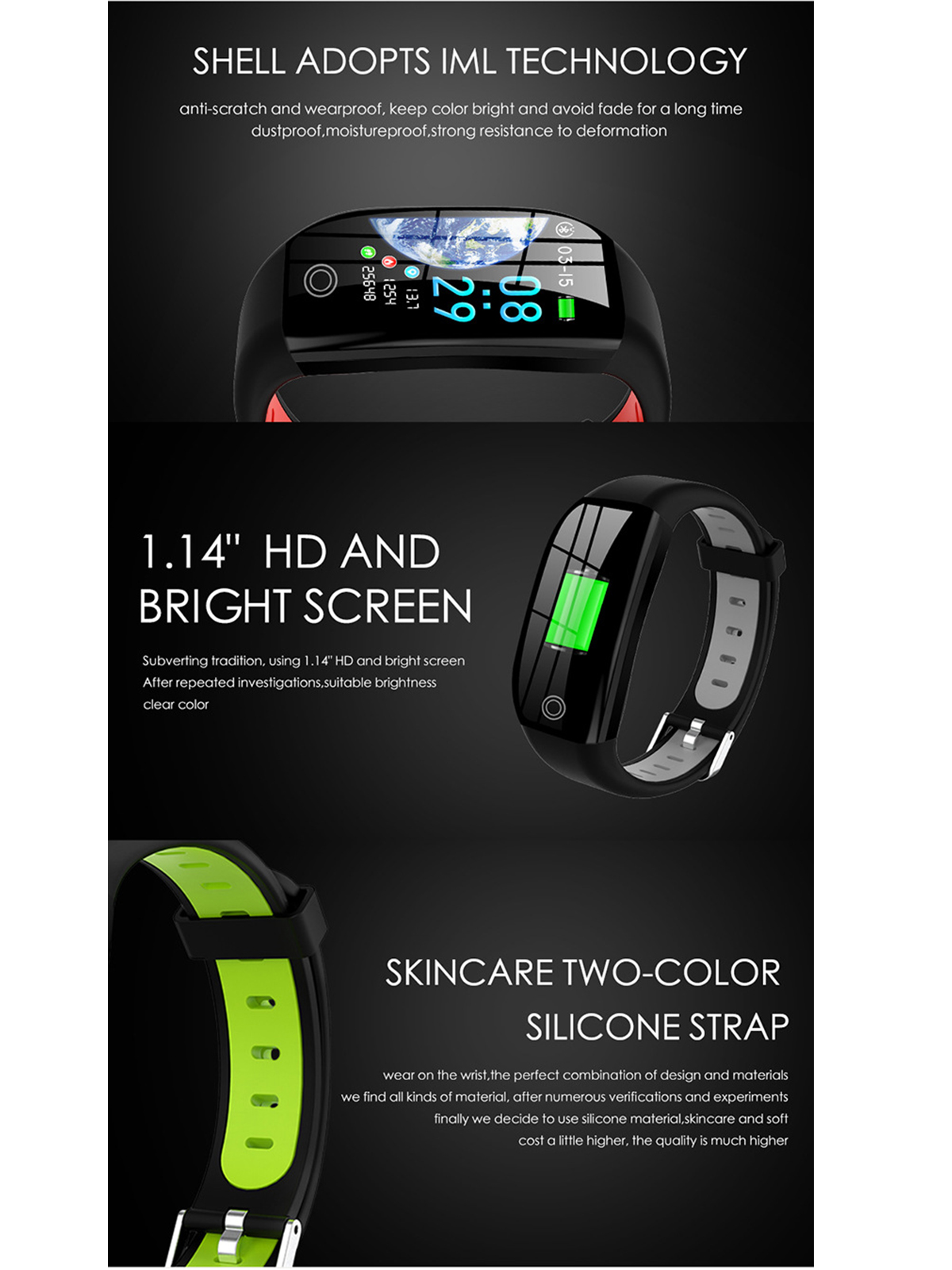 Smartwatch mit schwarzem Armband, Digitalanzeige. Zeigt Zeit, Datum und Akkuladung an. Hintergrund mit Text und Bildern.