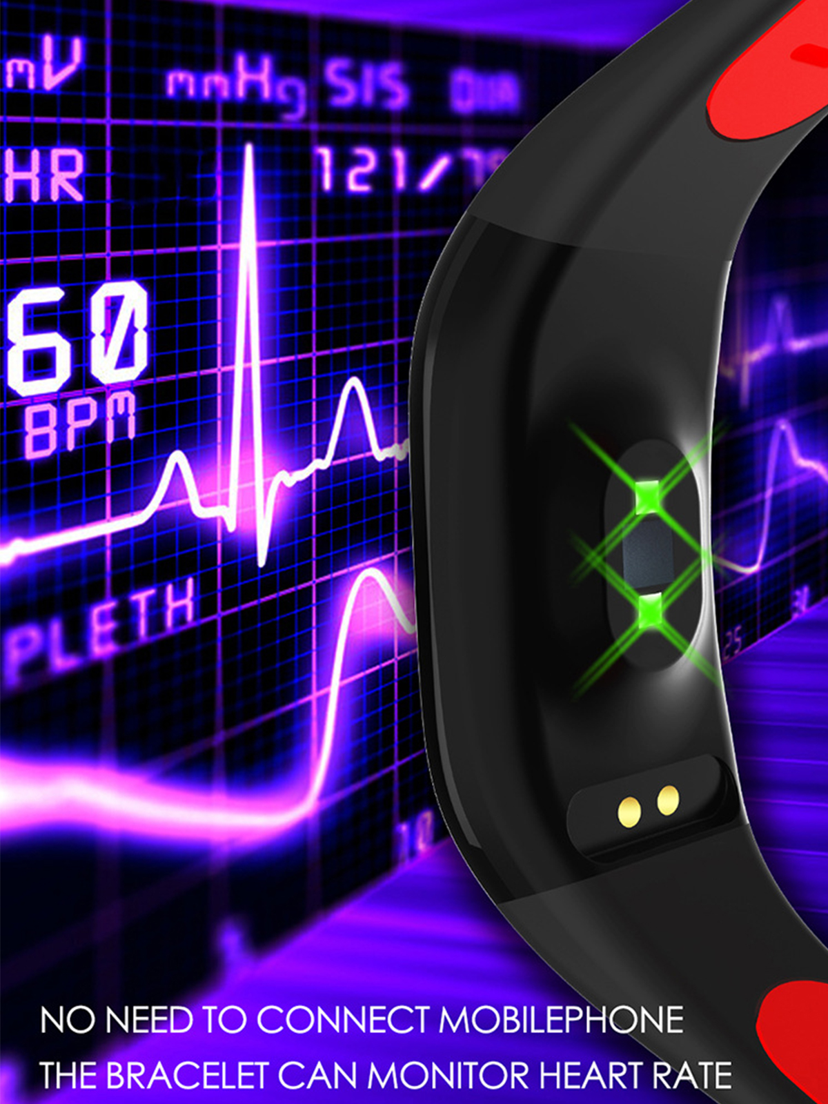 Schwarzer und roter Fitnesstracker. Zeigt Herzfrequenzdiagramm und Herzfrequenz von 60 BPM.