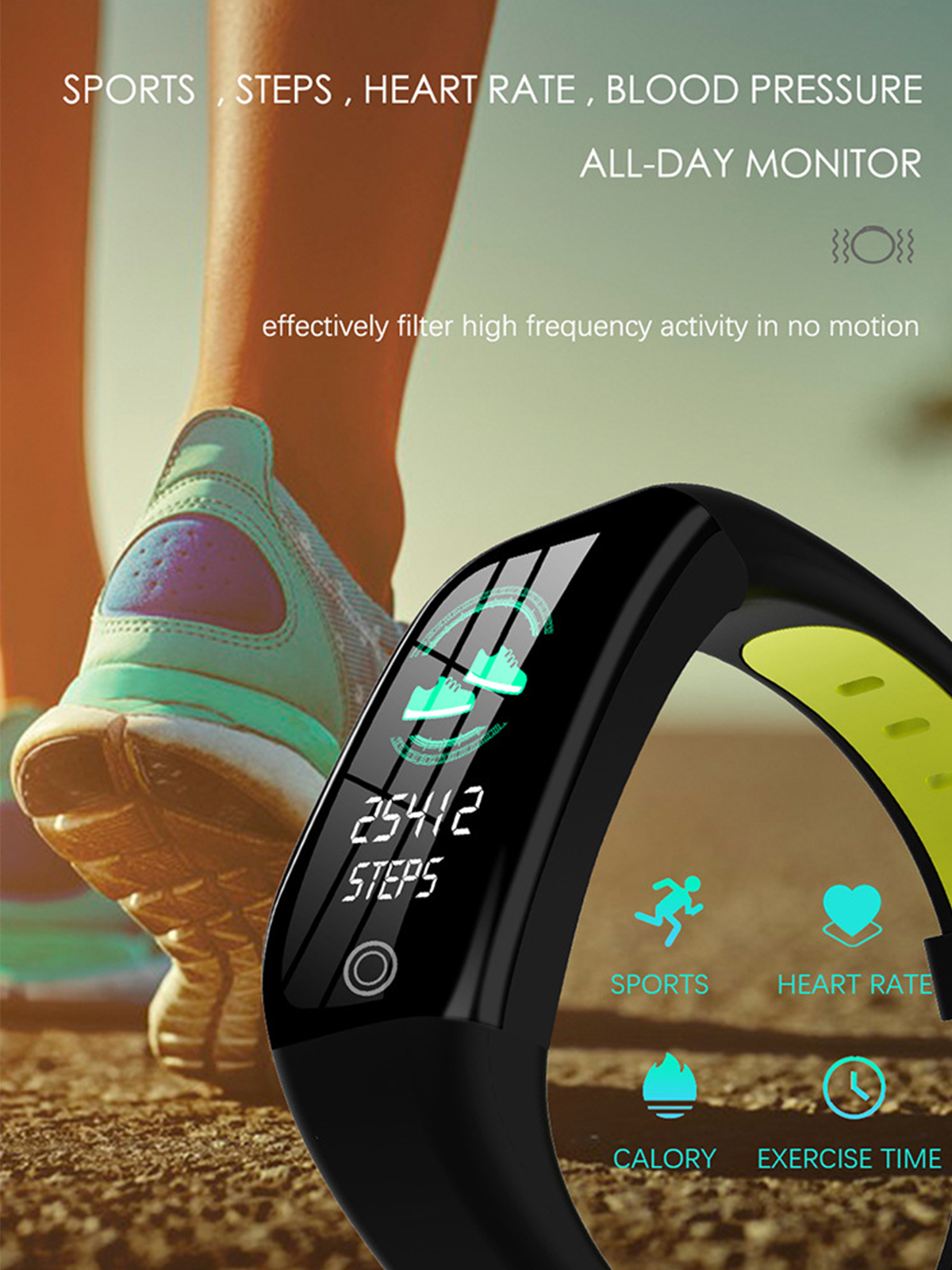 Smartwatch am Handgelenk, Schritte, Herzfrequenz und Trainingszeit werden angezeigt. Ein Schuh ist sichtbar.