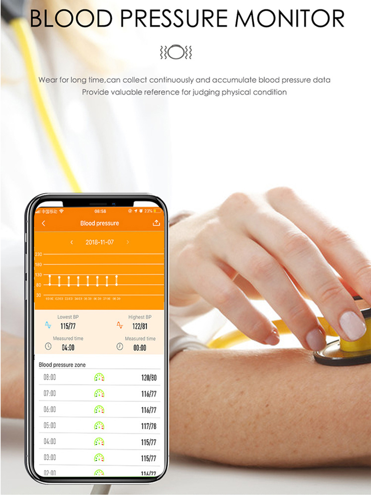 Arm einer Person mit einer Blutdruckmonitor-App auf einem Telefon. Ein Stethoskop wird verwendet.