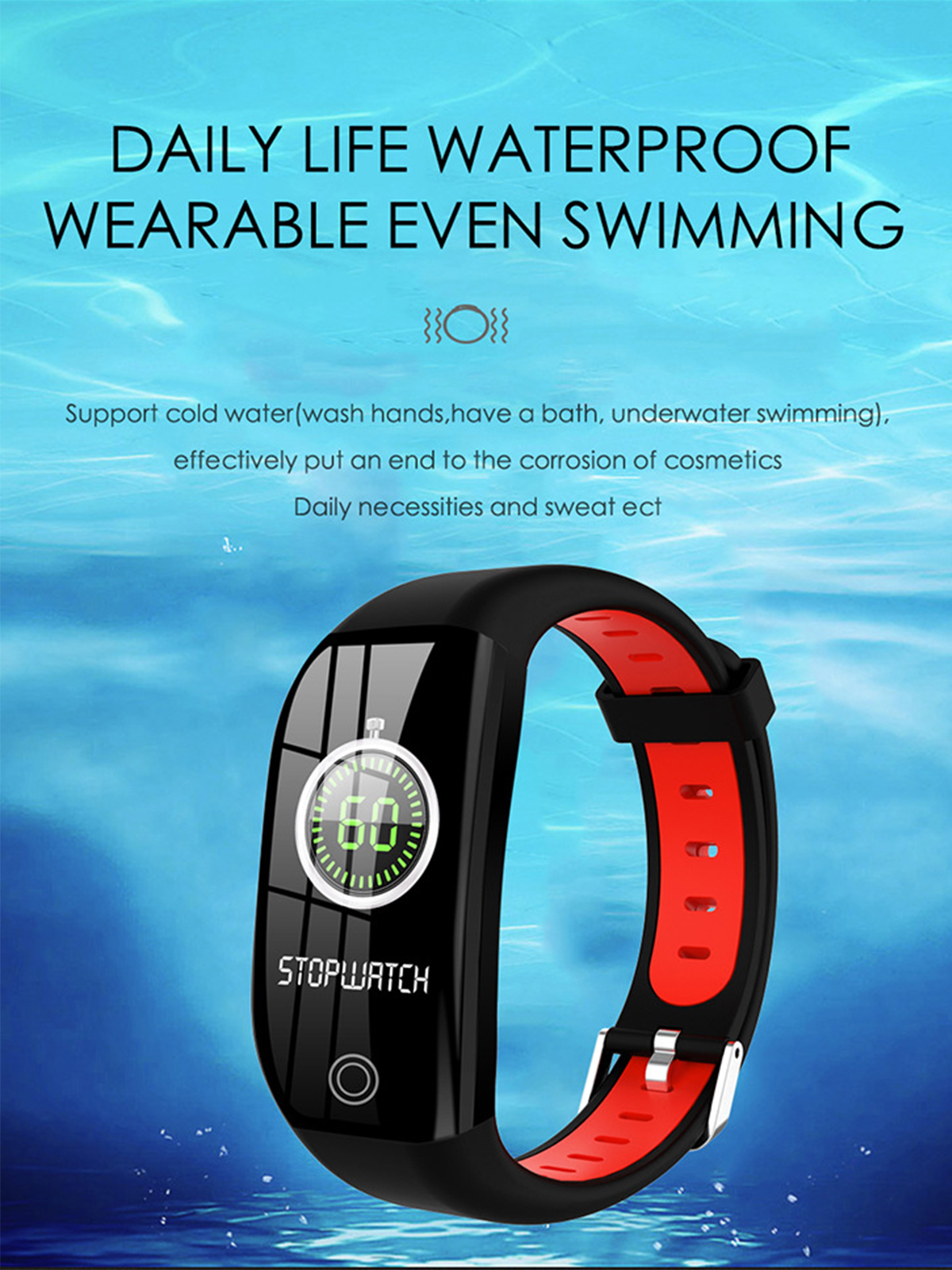 Eine schwarze und rote Smartwatch mit Stoppuhrfunktion auf blauem Hintergrund. Text: Alltag wasserdicht, auch beim Schwimmen tragbar.