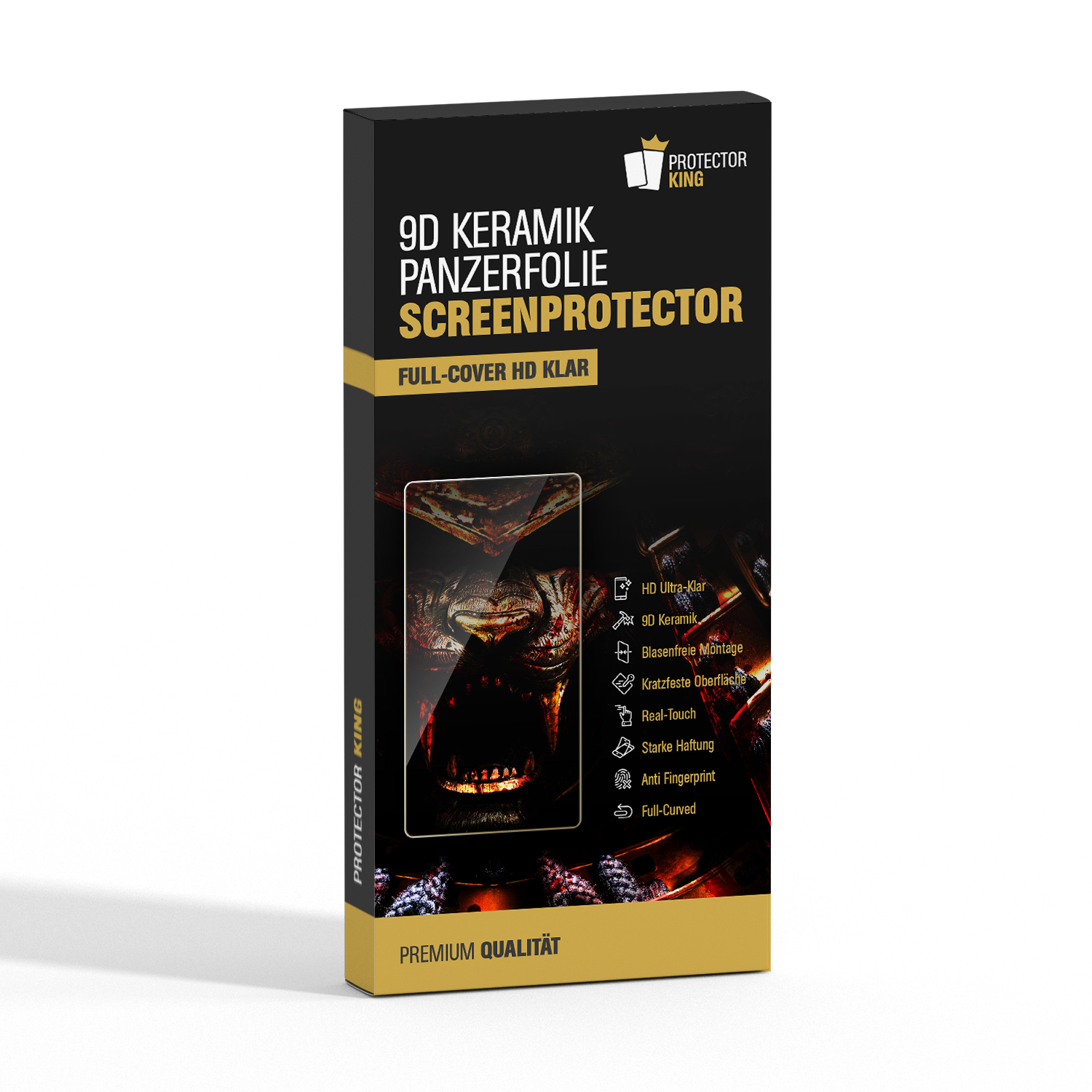 Eine Schachtel mit Displayschutzfolie für ein Telefon. Die Schachtel ist schwarz-goldfarben mit Text und Bildern.