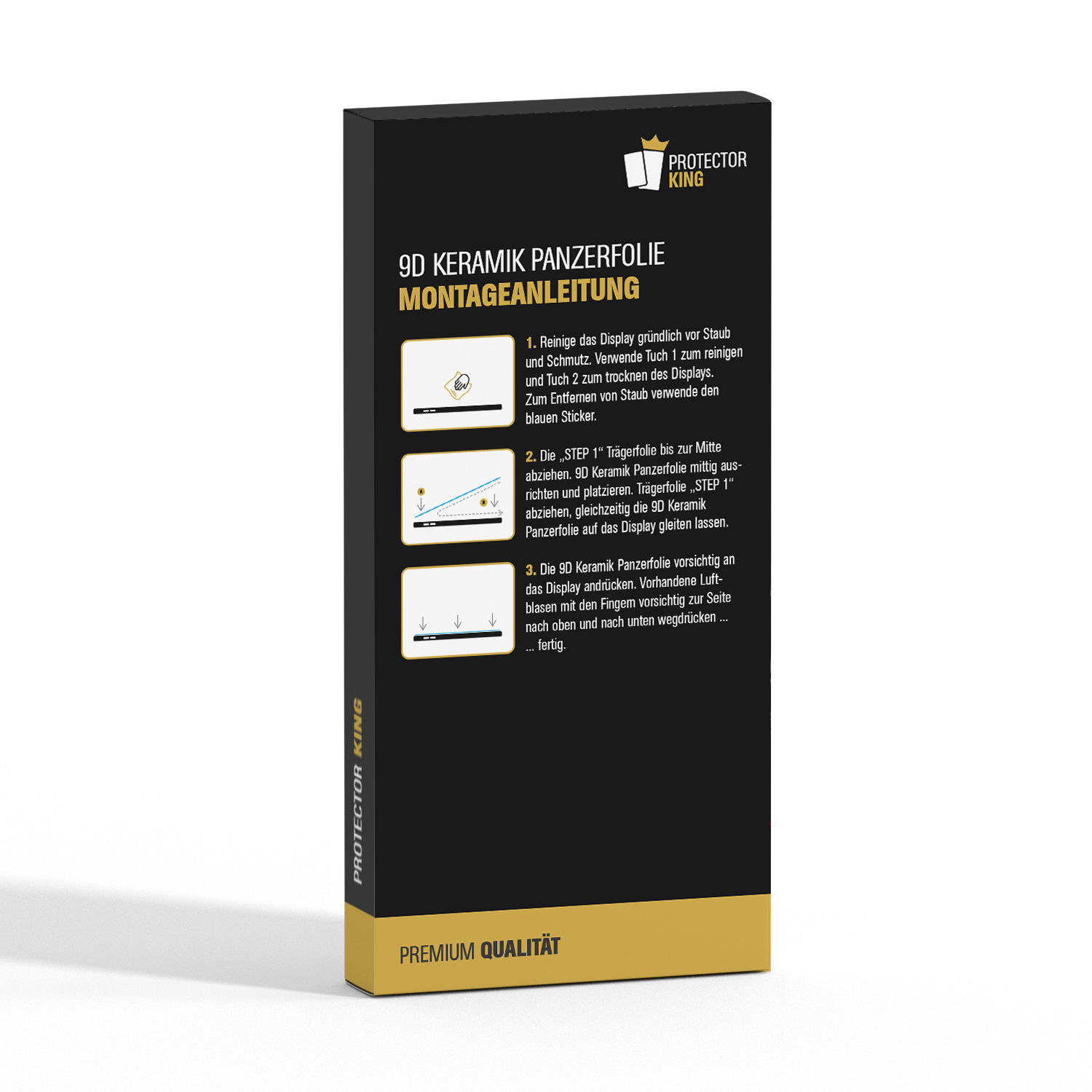 Box mit Anweisungen zur Installation eines Displayschutzglases. Text und Diagramme sichtbar.