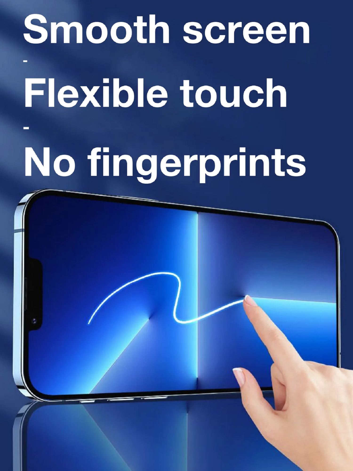 Ein Telefonbildschirm mit Text: Glatter Bildschirm, Flexible Berührung, und Keine Fingerabdrücke.
