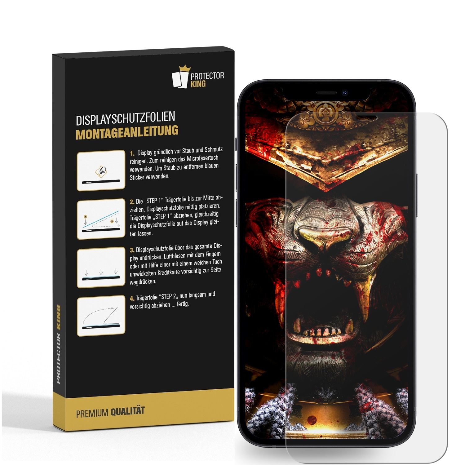 Handy-Displayschutzfolie-Anwendung auf einem Telefon mit dunkler Grafik und einer Box mit Anweisungen.