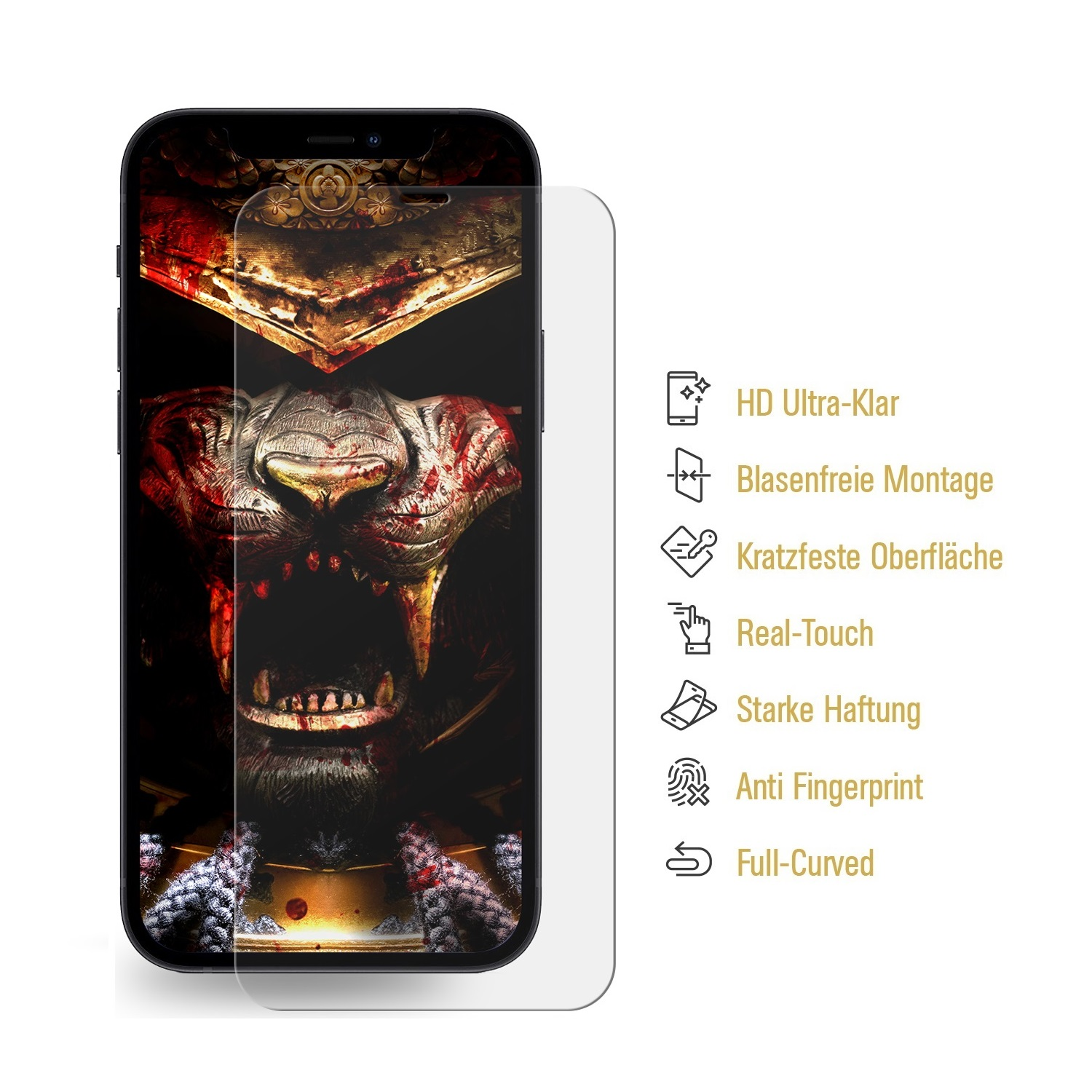 Ein Telefon mit Displayschutzfolie, die ein Monstergesicht zeigt. Symbole rechts weisen auf Funktionen hin.