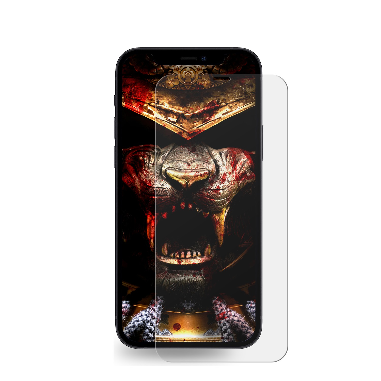 Handy-Bildschirm mit Monstergesicht und Displayschutzfolie.