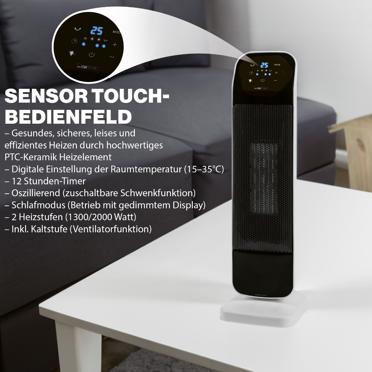 Biało-czarny grzejnik. Tekst opisuje jego funkcje, w tle kanapa.