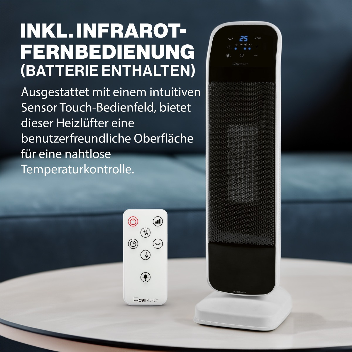 Biało-czarna grzałka wieżowa z pilotem. Tekst w języku niemieckim: INKL. INFRAROT-FERNBEDIENUNG.