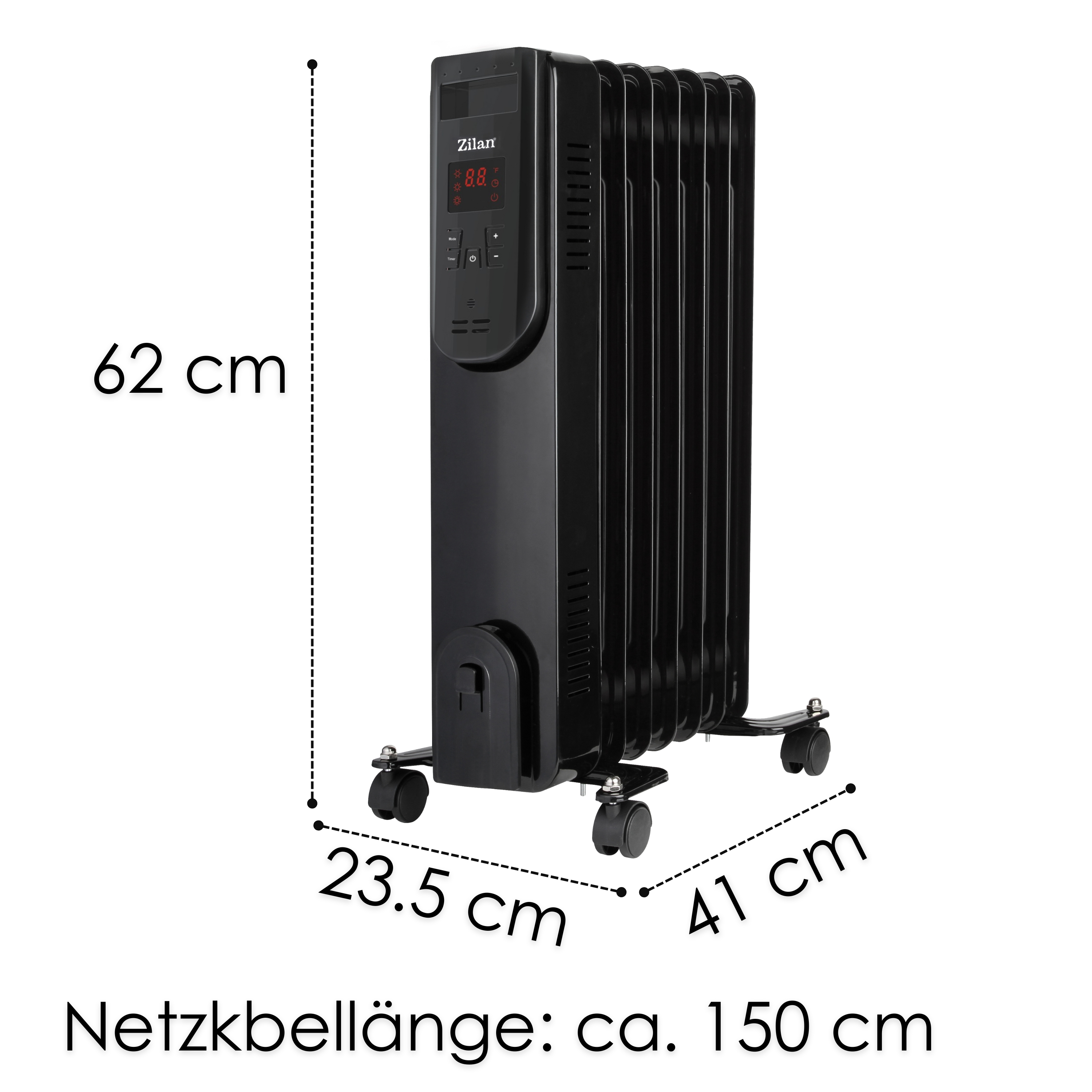 Schwarzer elektrischer Heizkörper mit Maßangaben: 62cm hoch, 23,5cm breit, 41cm tief und 150cm Schnur.