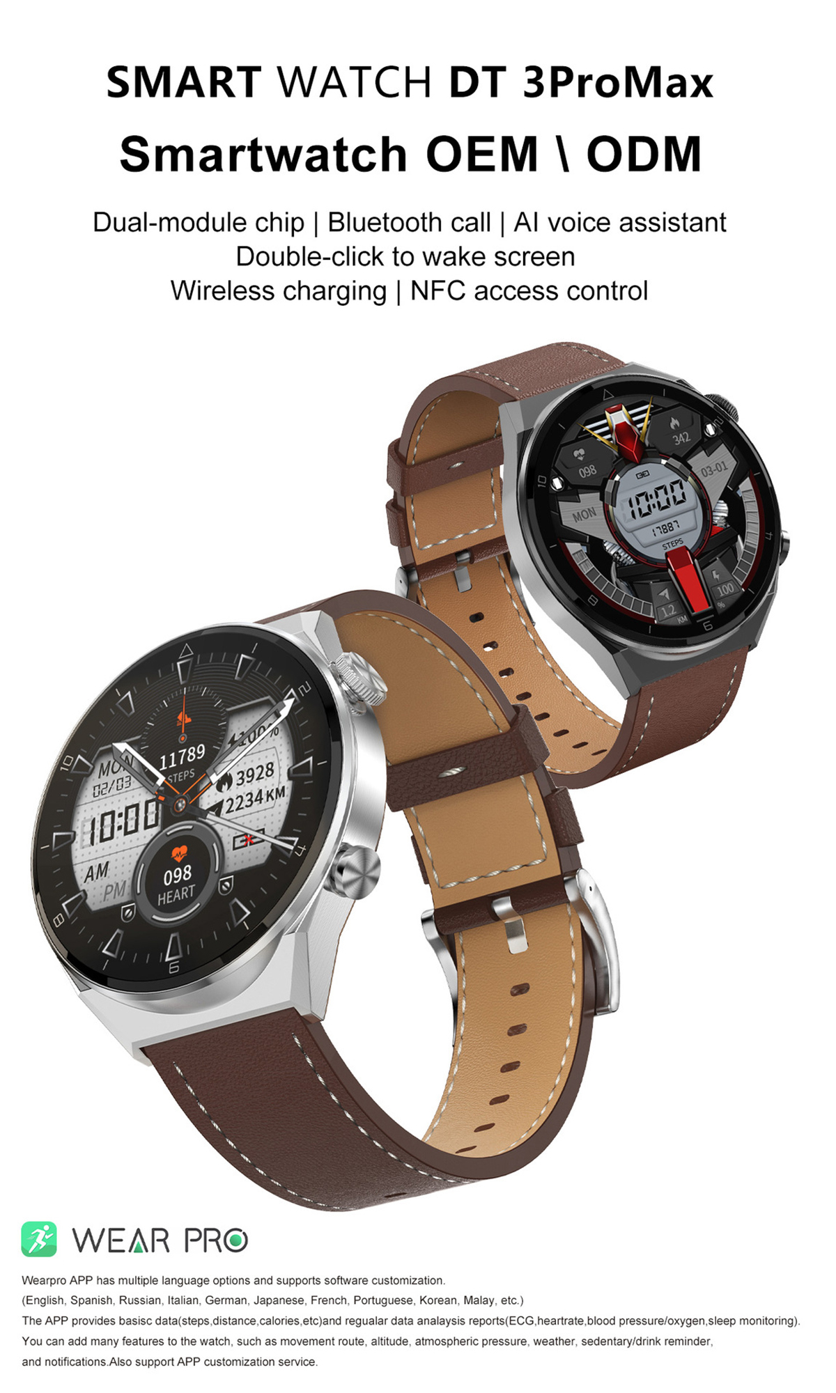 Zwei Smartwatches mit braunen Lederarmbändern, Text über Funktionen und weißem Hintergrund.