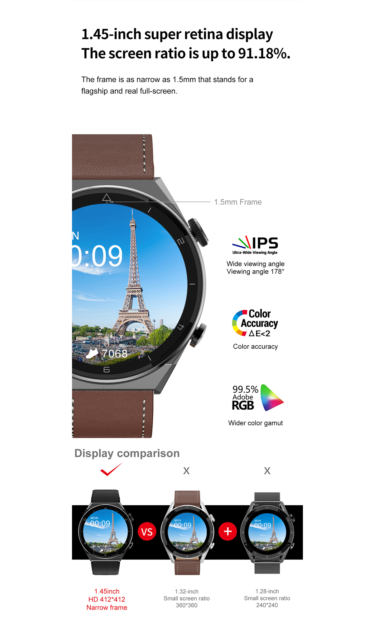 Smartwatch mit rundem Bildschirm, Lederarmband und Text zu den Displayfunktionen.