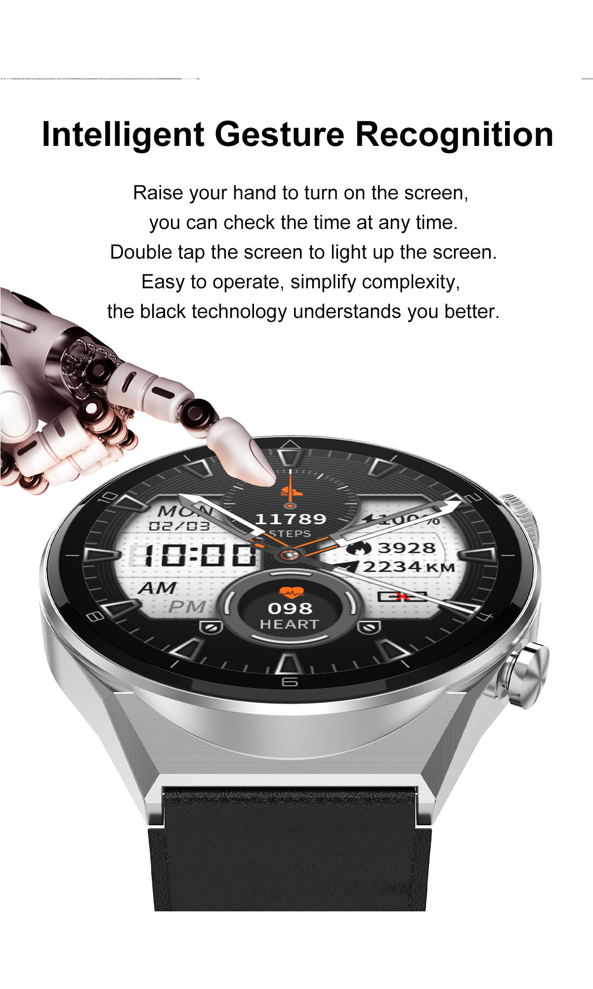 Eine Smartwatch zeigt Zeit und Gesundheitsmetriken an. Eine Hand berührt den Bildschirm, Gestensteuerung.