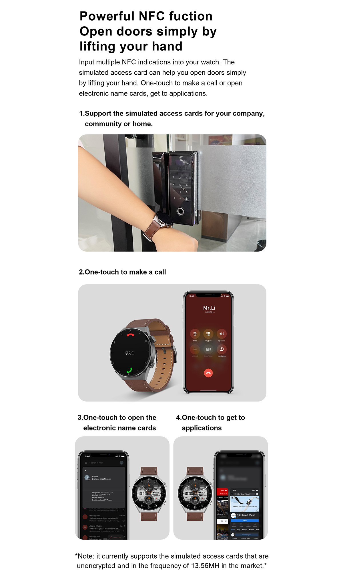 Bilder, die die NFC-Funktion der Smartwatch zeigen, einschließlich Anrufen und Öffnen von Türen.