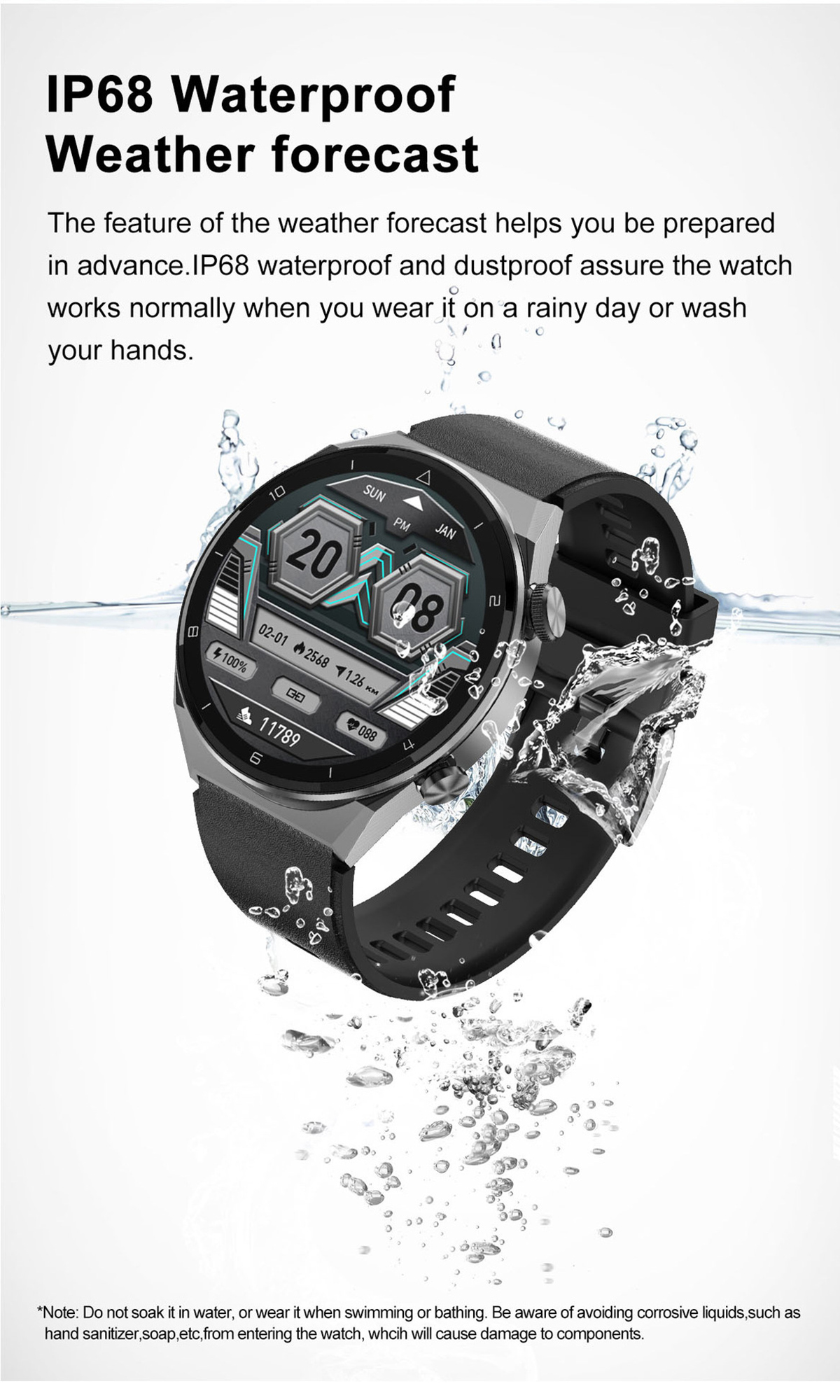 Smartwatch im Wasser, Wettervorhersage und Zeit, schwarzes Armband.