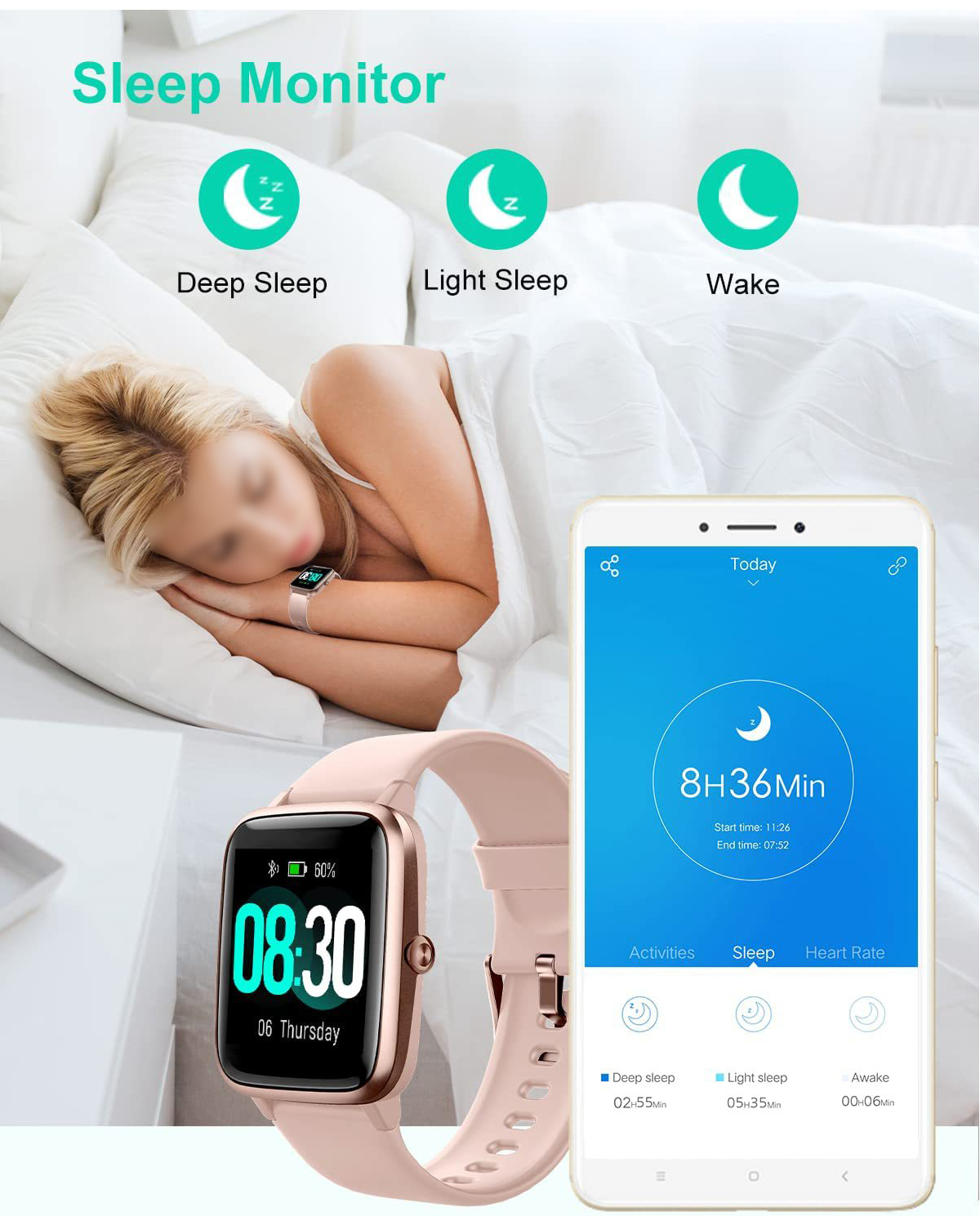 Schlafüberwachung BRIGHTAKE Schwarz Smartwatch Silikon, und Smartwatch Musiksteuerung mit