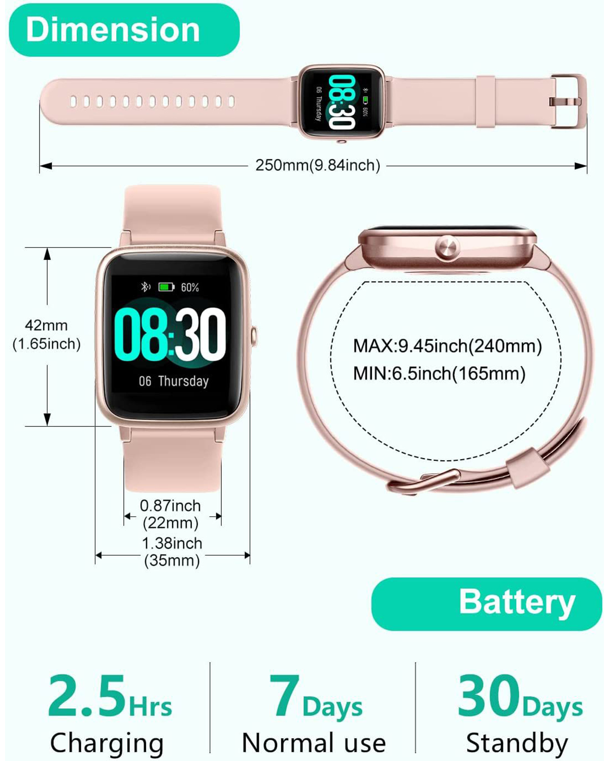 Smartwatch Schwarz Smartwatch BRIGHTAKE Musiksteuerung mit Silikon, Schlafüberwachung und