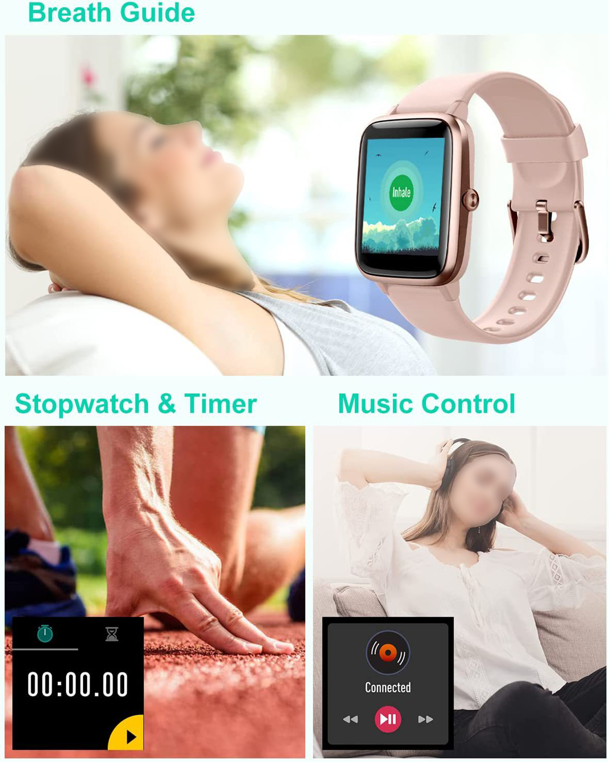 Smartwatch Musiksteuerung BRIGHTAKE Smartwatch Schwarz und Schlafüberwachung mit Silikon,