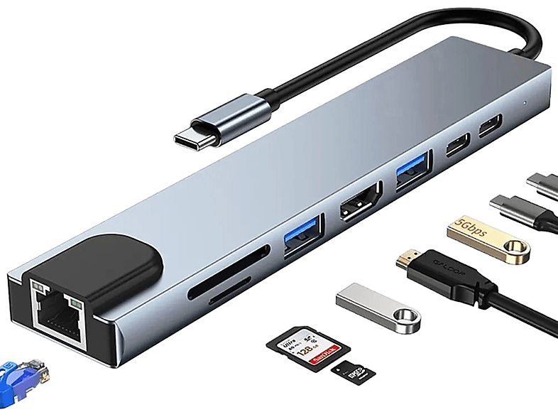 Hub Usb Tipo-C 8 en 1 con carga rápida, Ethernet, Hdmi, SD/TF, Tipo C, 3.0  - SKH71 SMARTEK, Plata