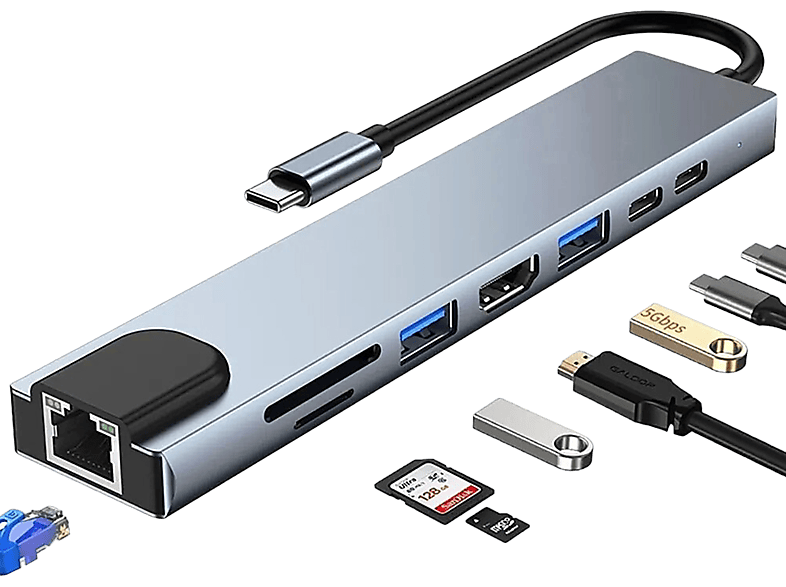 Hub Usb Tipo-c 8 En 1 Con Carga Rápida, Ethernet, Hdmi, Sd/tf, Tipo C, 3.0  Smartek con Ofertas en Carrefour