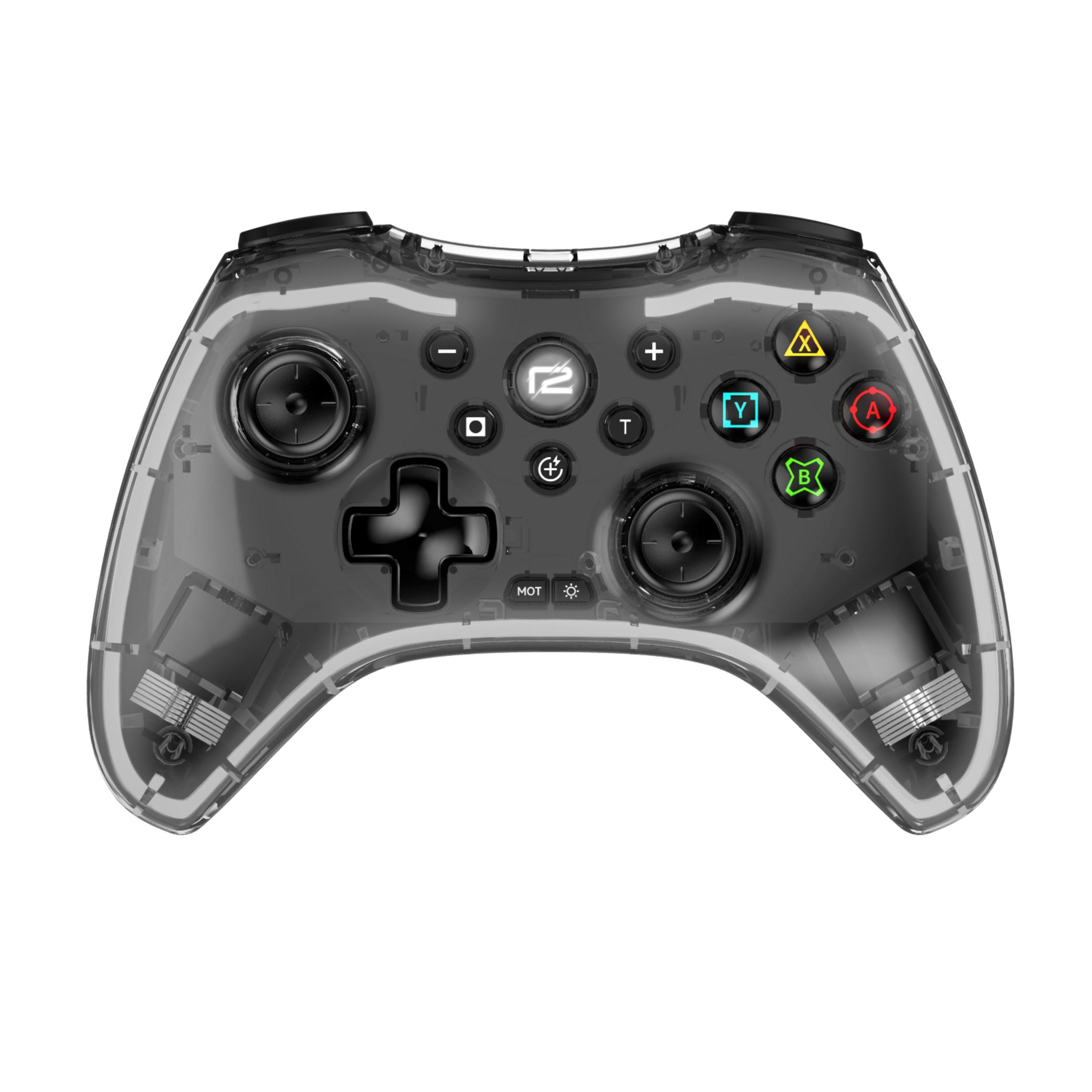 Ein durchsichtiger grauer Gamecontroller mit farbigen Tasten und schwarzen Steuerelementen.