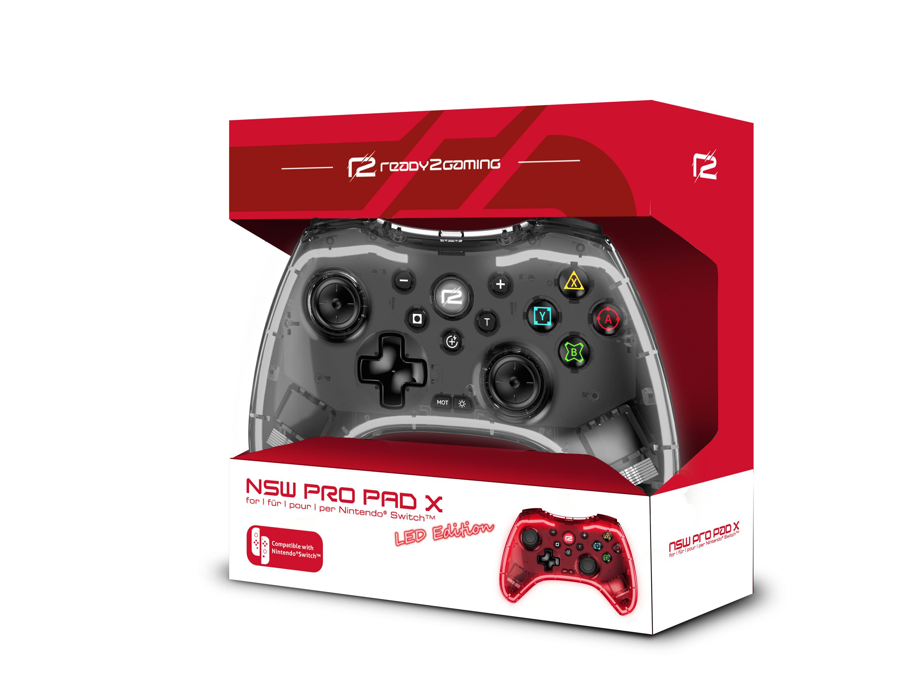 Ein durchsichtiger Nintendo Switch-Controller mit roter Box. Auf der Box steht 'NSW PRO PAD X'.