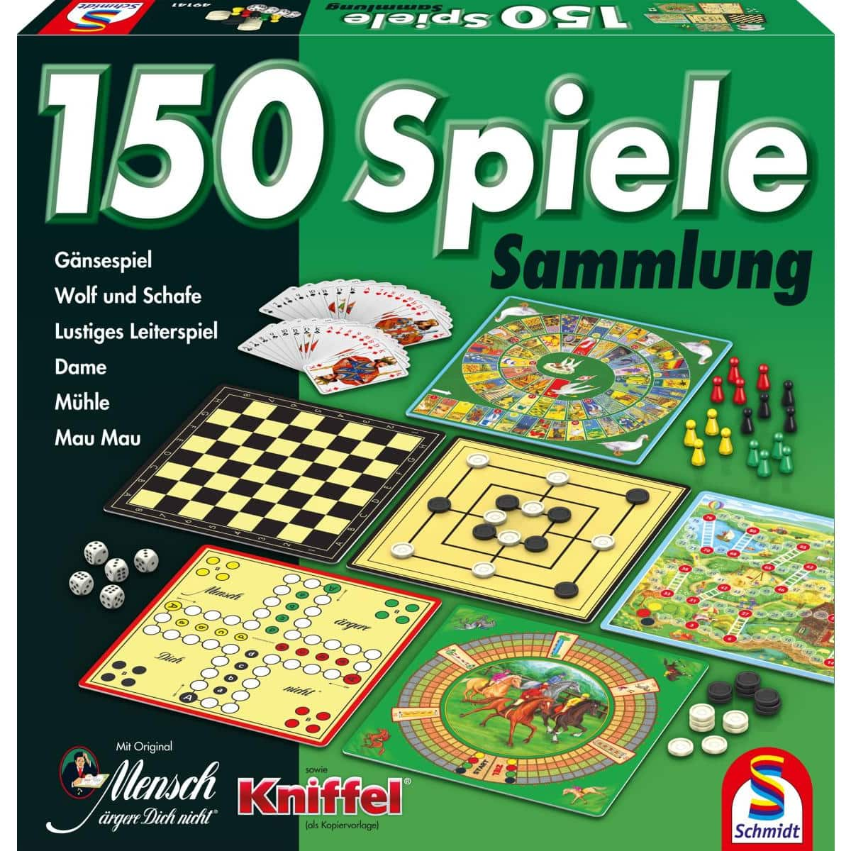 Eine Brettspielbox mit Bildern verschiedener Brettspiele: Schach, Gänsespiel usw.