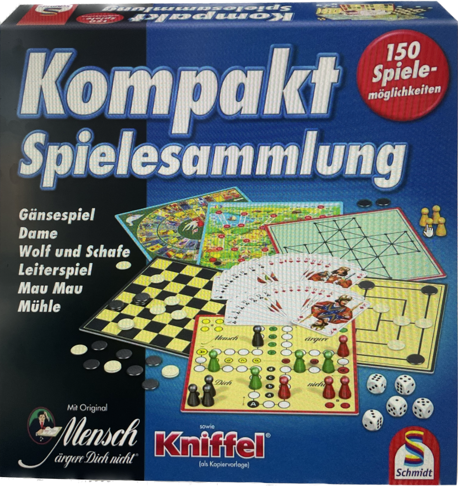 Brettspielbox mit verschiedenen Spielbrettern und Teilen darin.
