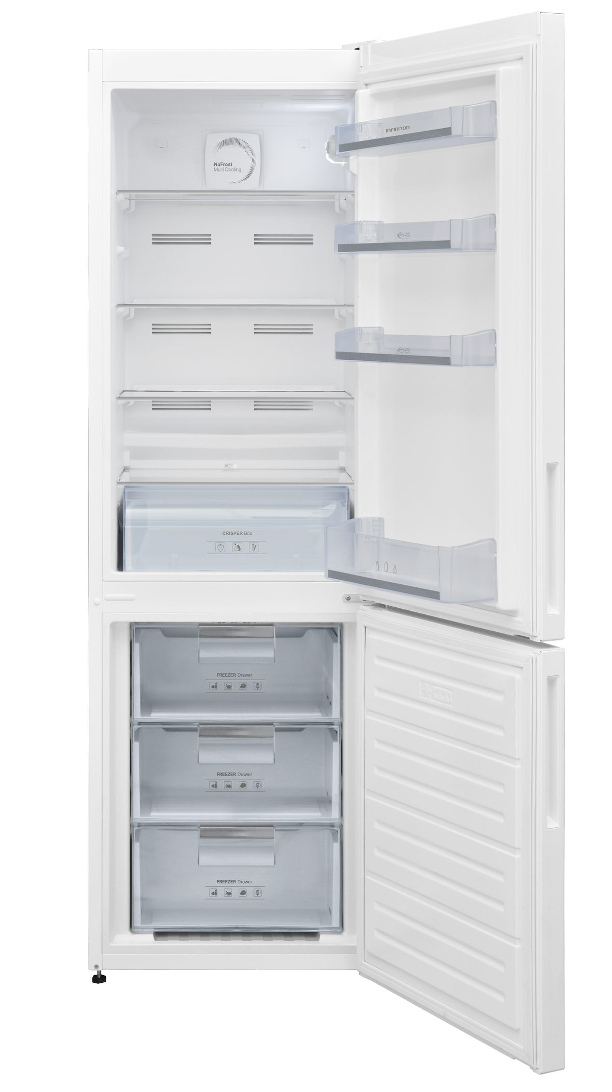 Un refrigerador blanco, abierto con múltiples estantes y cajones, puerta abierta.