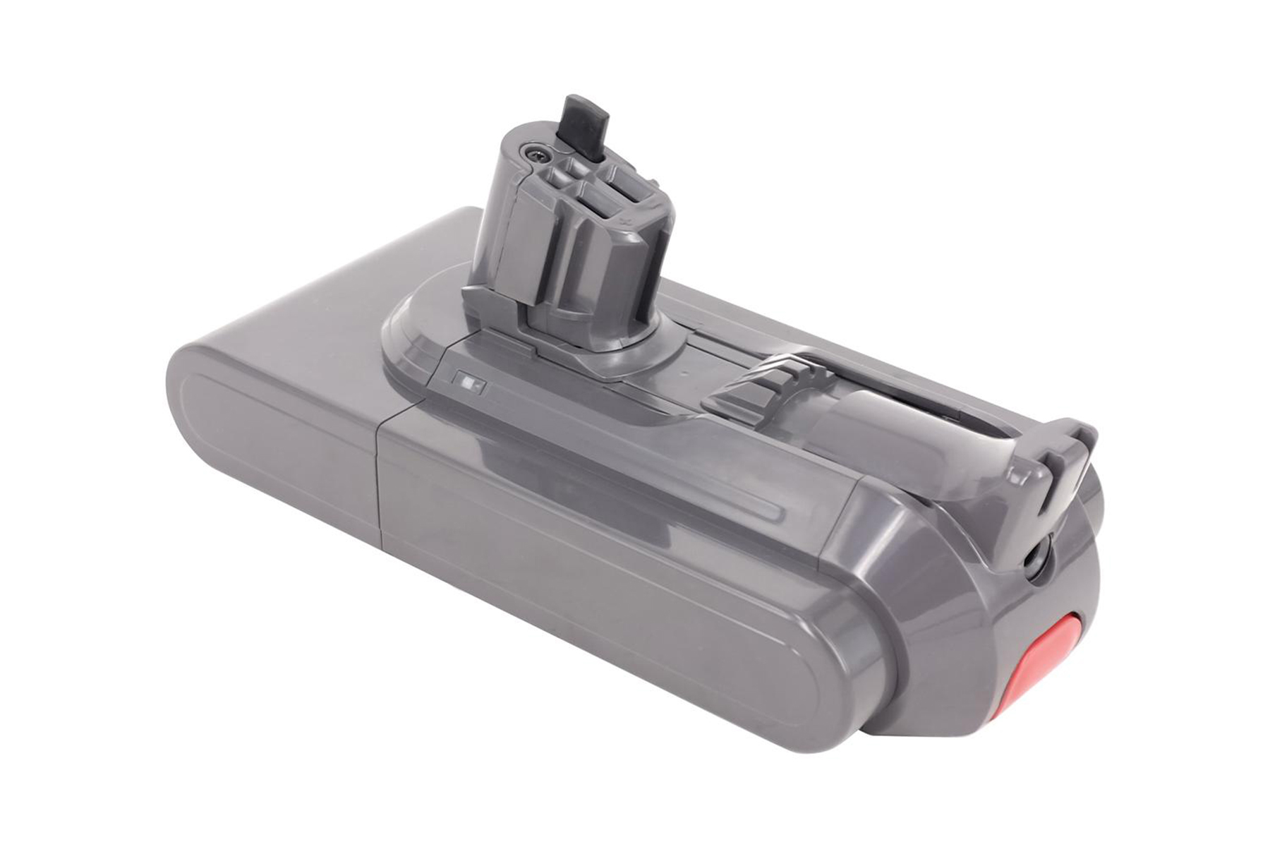 Ein grauer Dyson-Akku mit aufrechtem Design, aus niedrigem Winkel gesehen.