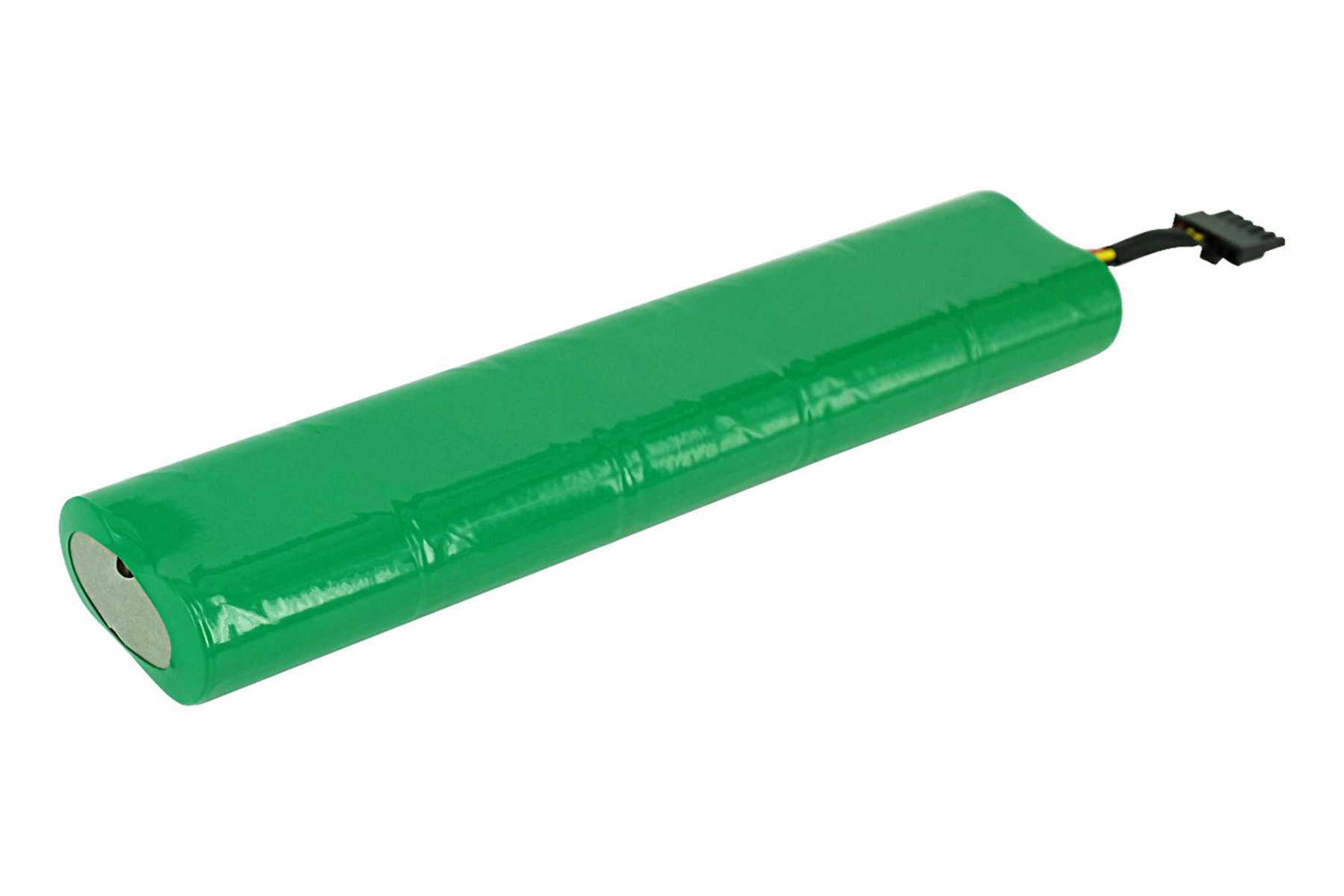 Eine grüne, zylindrische Batterie mit schwarzem Anschluss auf weißem Hintergrund.