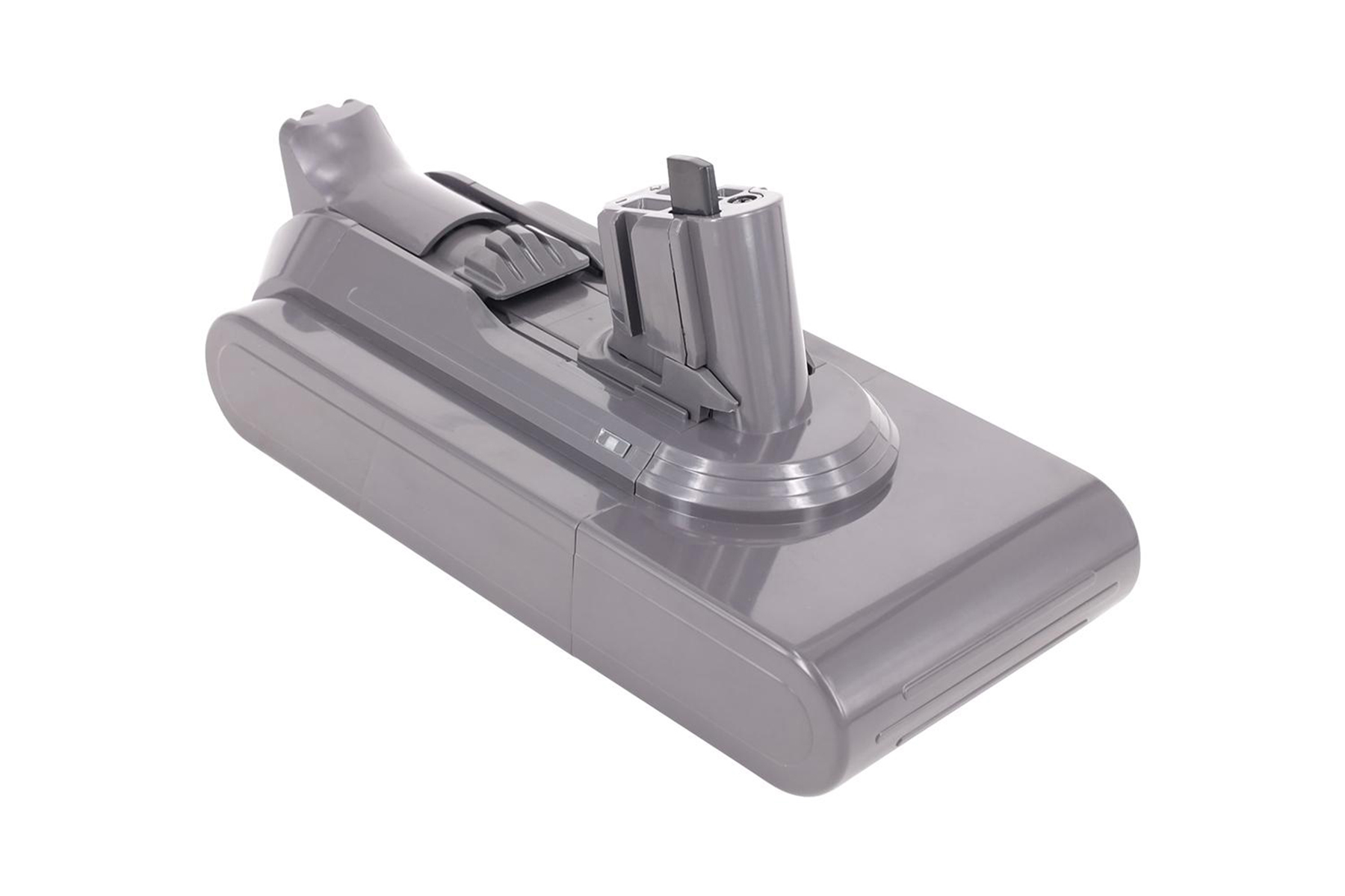 Graue Dyson-Staubsaugerbatterie. Die Oberseite hat einen Anschlusspunkt.