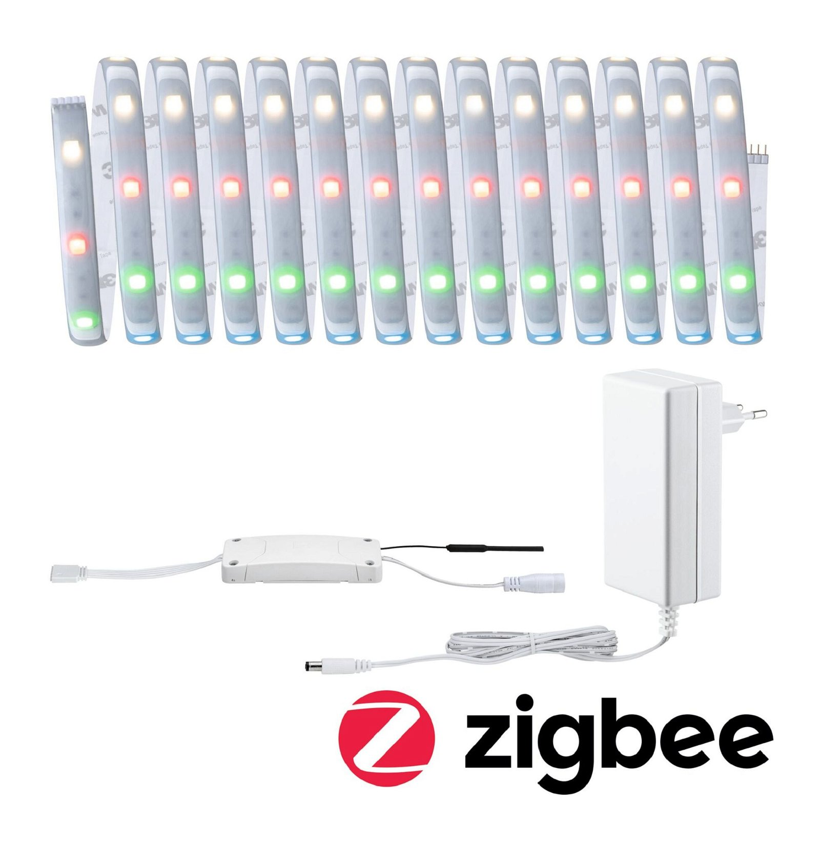 Set von LED-Lichtstreifen und Stromkomponenten mit dem Zigbee-Logo, angeordnet.