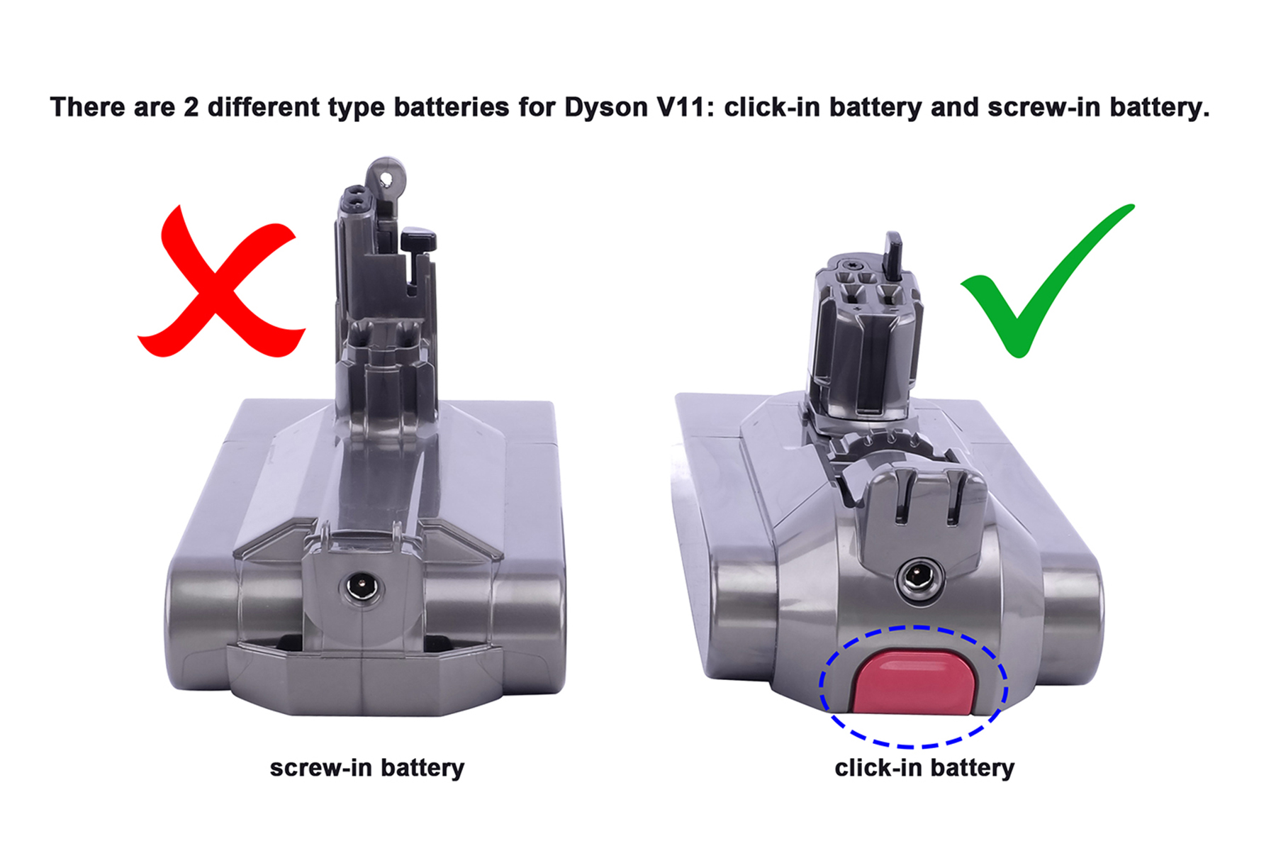 Vergleich von zwei Dyson V11-Akkus. Einer mit 'Screw-in Battery', der andere mit 'Click-in'.