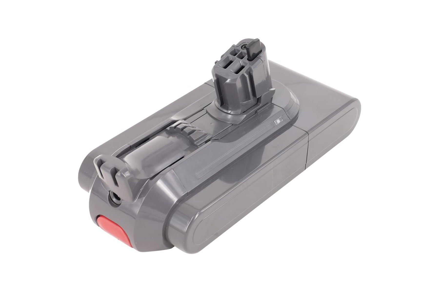 Ein grauer Dyson V11 Click-in-Akku wird von oben gezeigt. Er hat einen roten Knopf und einen Ladeanschluss.