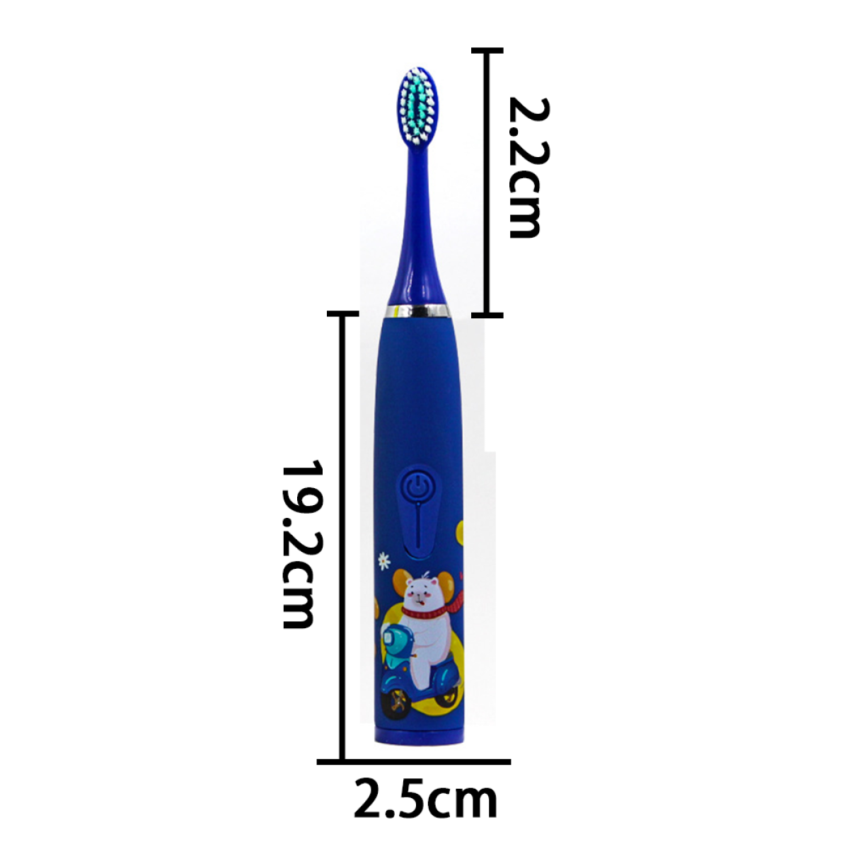 Blaue elektrische Zahnbürste mit Maßangaben. Cartoon-Figur darauf.