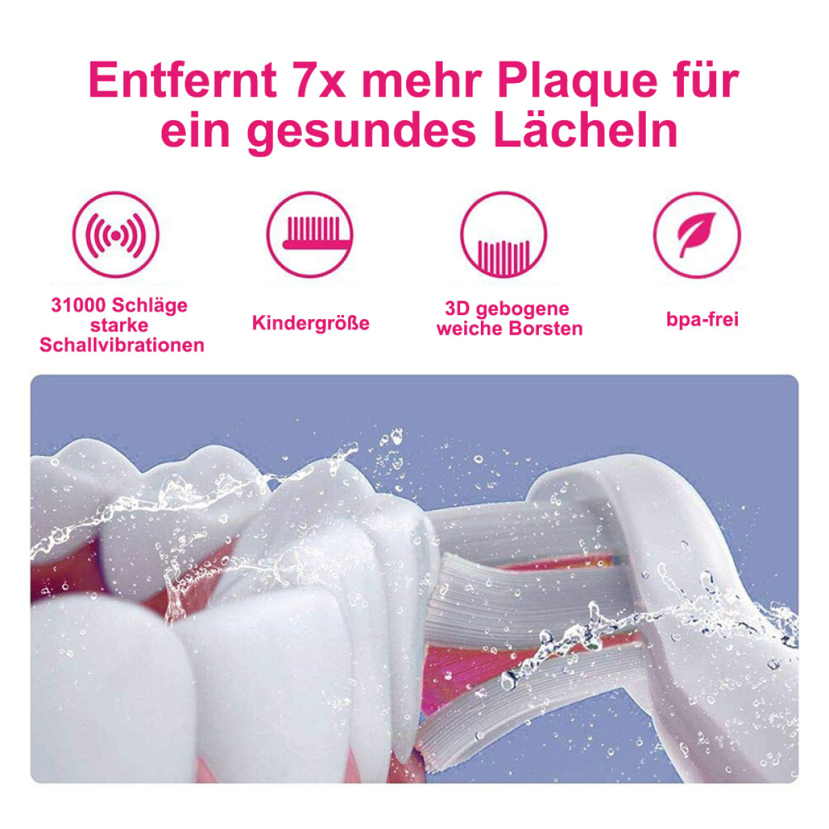 Zahnbürste mit Text. Symbole für Vibrationen, Größe, weiche Borsten und BPA-frei. Blauer Hintergrund.