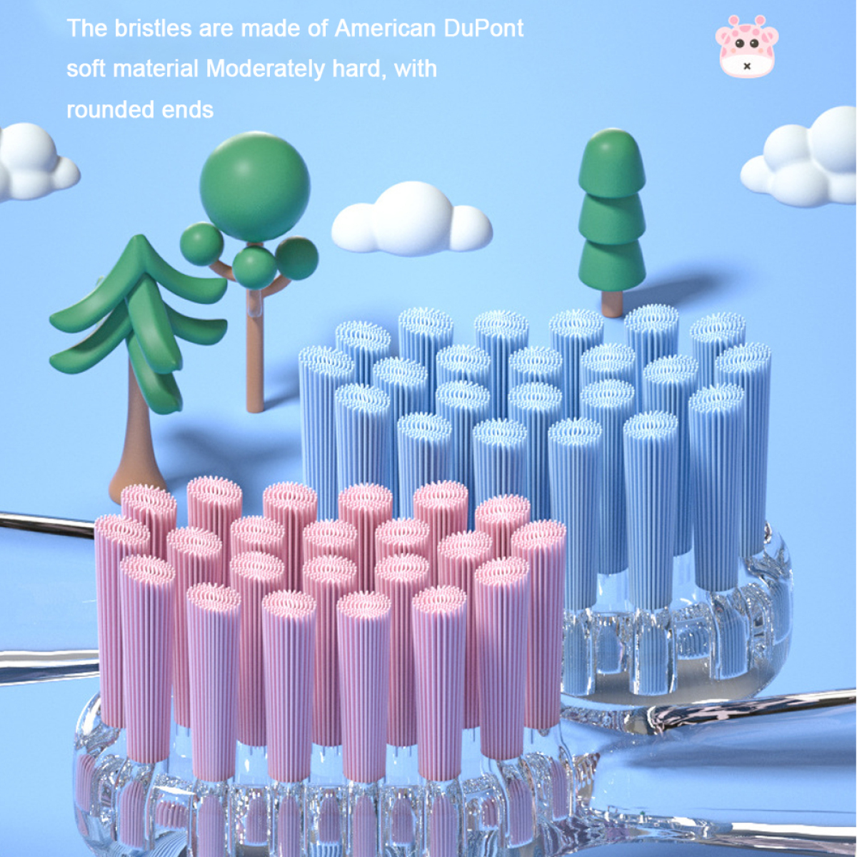 Zwei Zahnbürsten mit blauen und rosa Borsten. Es gibt auch Zeichentrickbäume und Wolken.