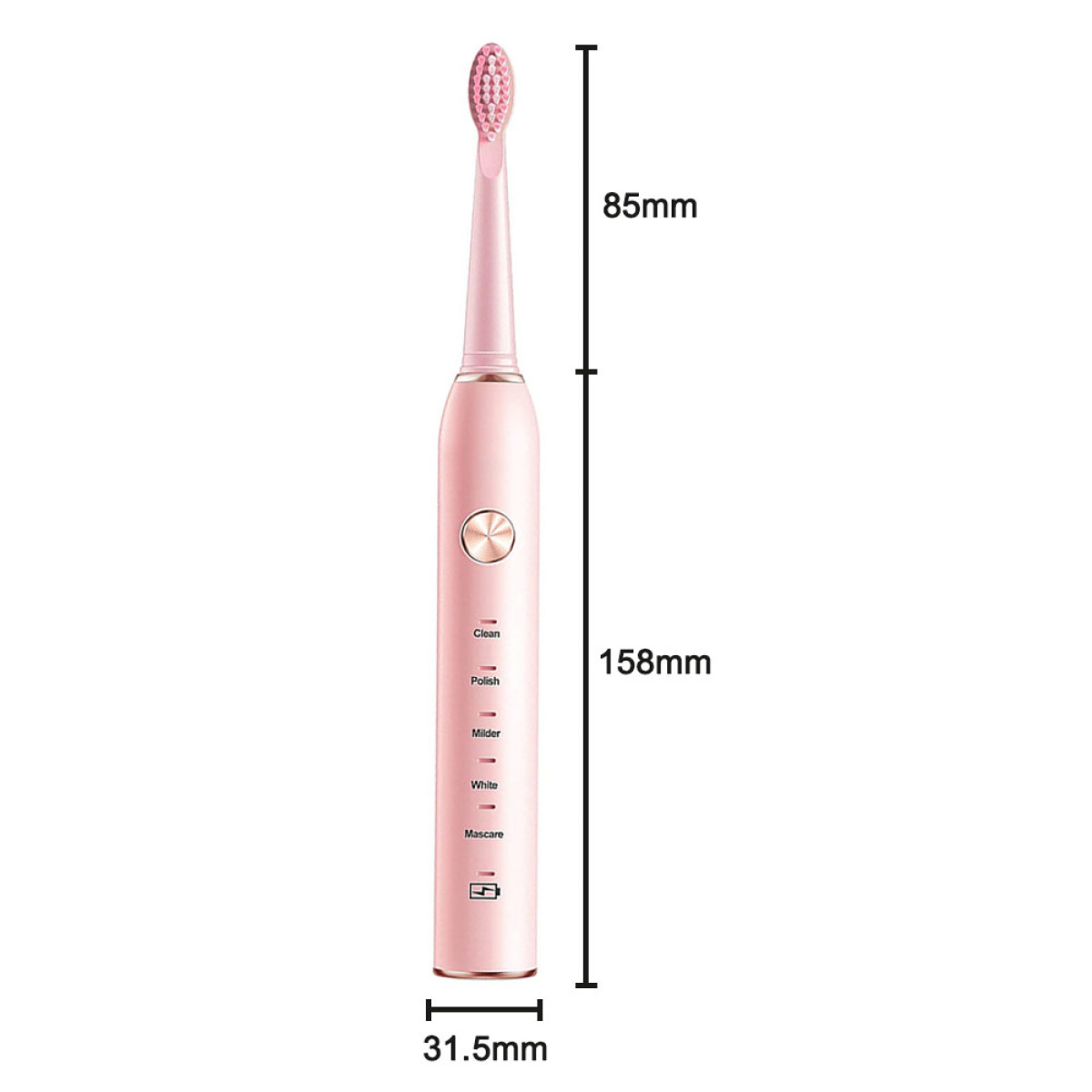 Rosa elektrische Zahnbürste mit Maßen: 85 mm Höhe, 31,5 mm Breite und 158 mm Länge. Weißer Hintergrund.