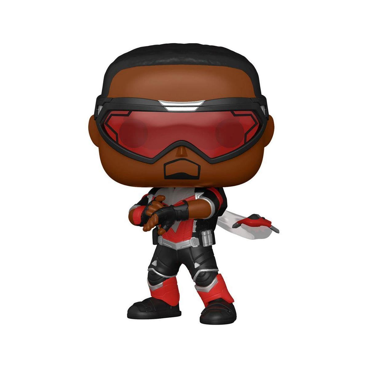 Figurka Funko Pop Falcona. Czarny i czerwony strój, czerwone gogle, na białym tle.