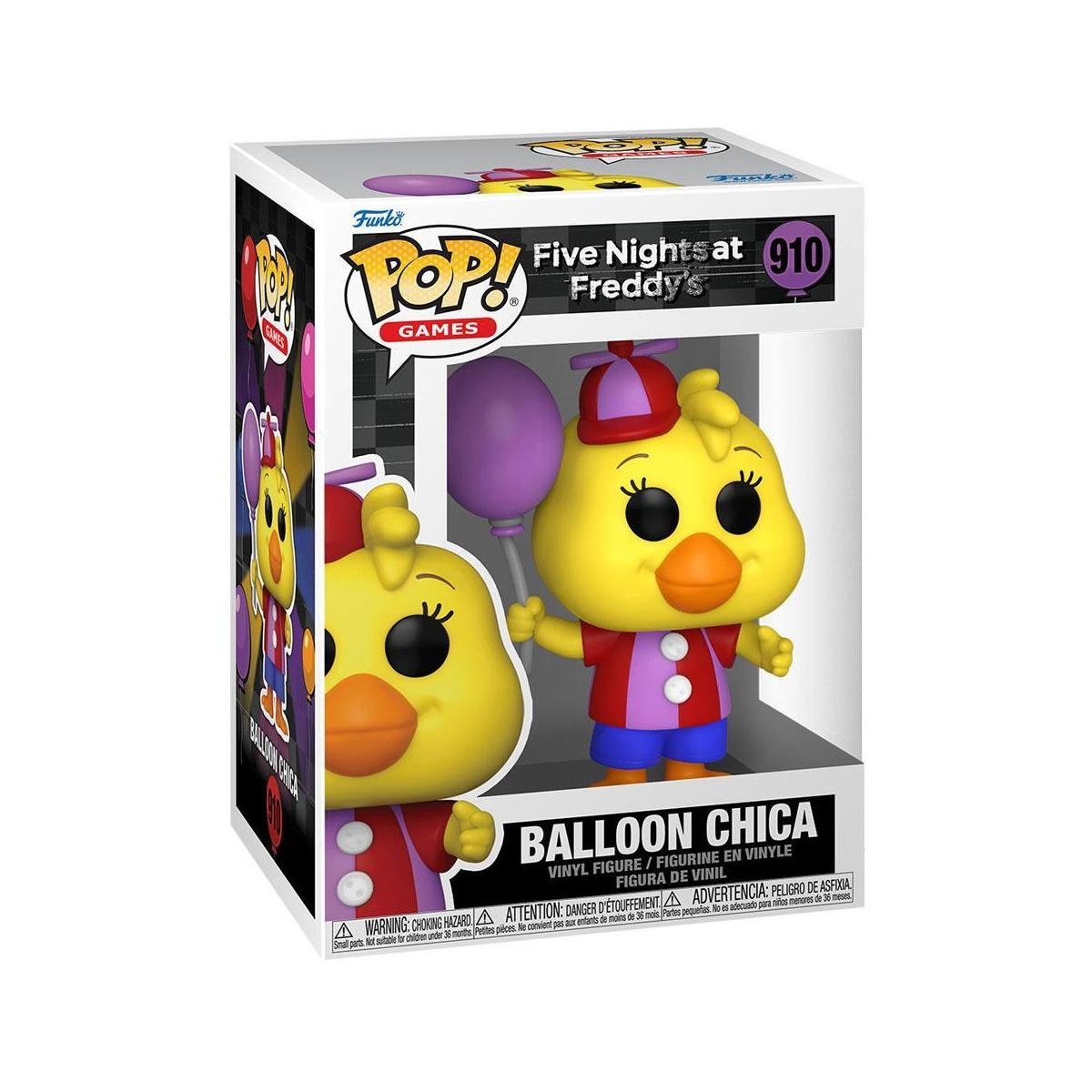 Figurka Funko Pop Balloon Chica, żółtego kurczaka, trzymającego fioletowy balon.