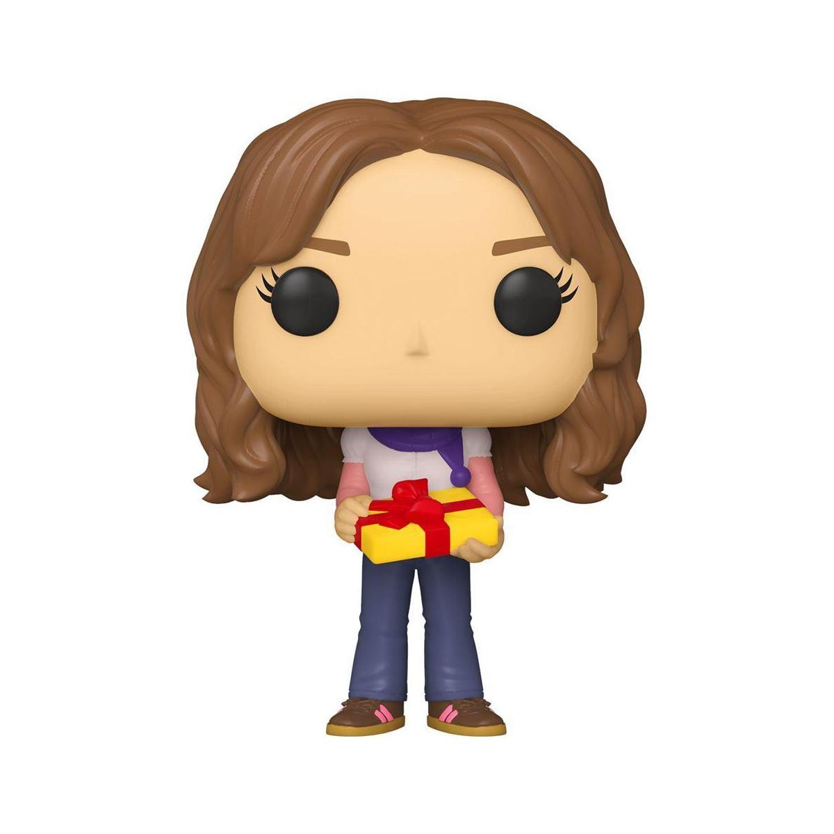 Una figura Funko Pop di una donna che tiene in mano una scatola regalo gialla.