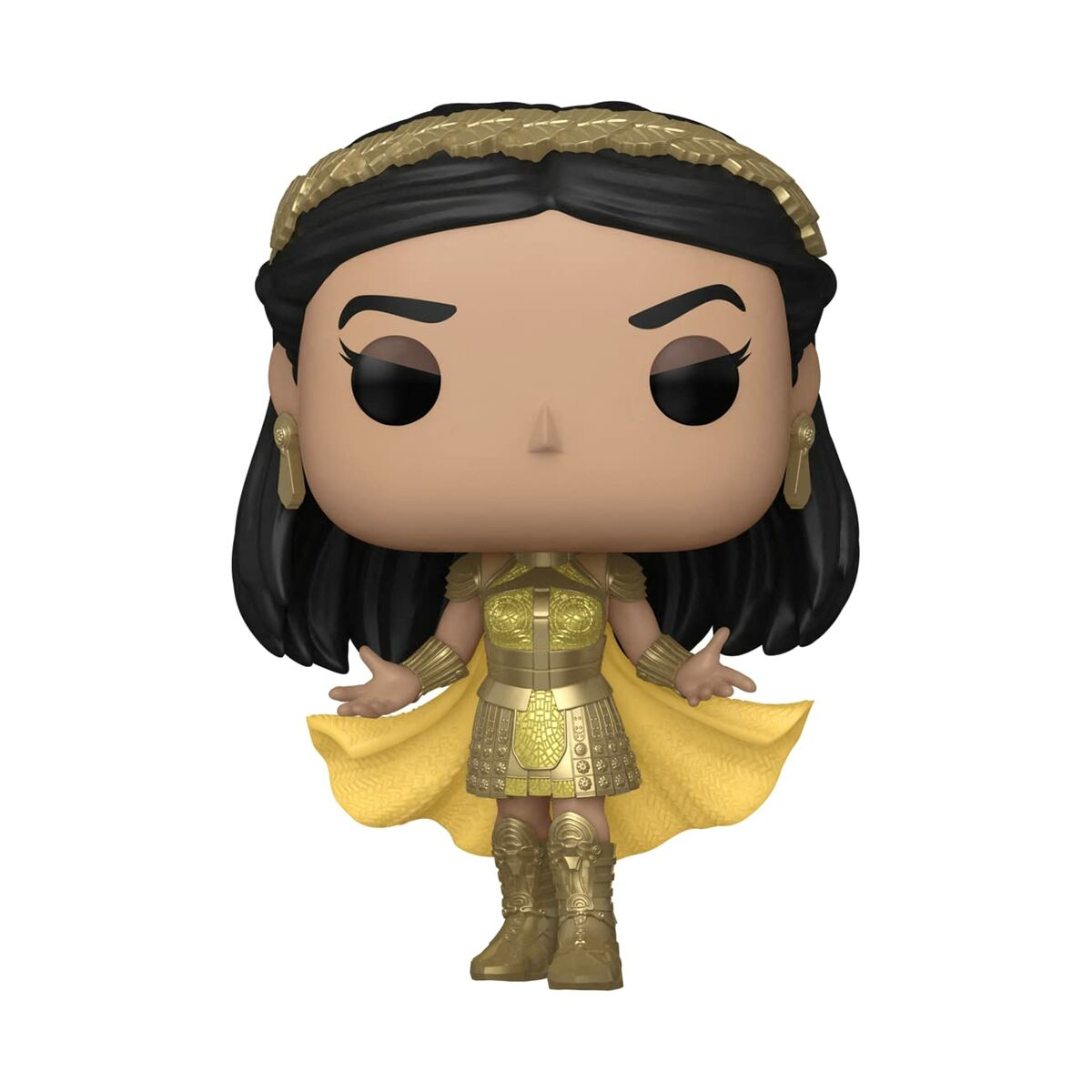Eine Funko Pop-Figur einer Frau in goldener Rüstung mit einem gelben Umhang.