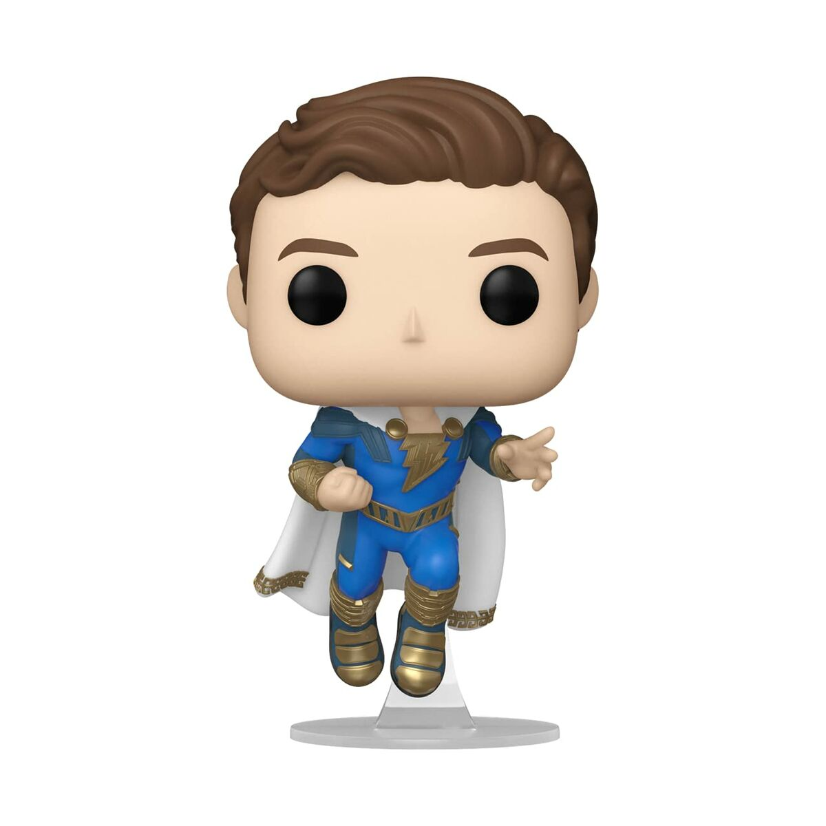 Funko Pop Figur von Shazam. Blaues und goldenes Kostüm, weißer Umhang, auf Ständer. Weißer Hintergrund.