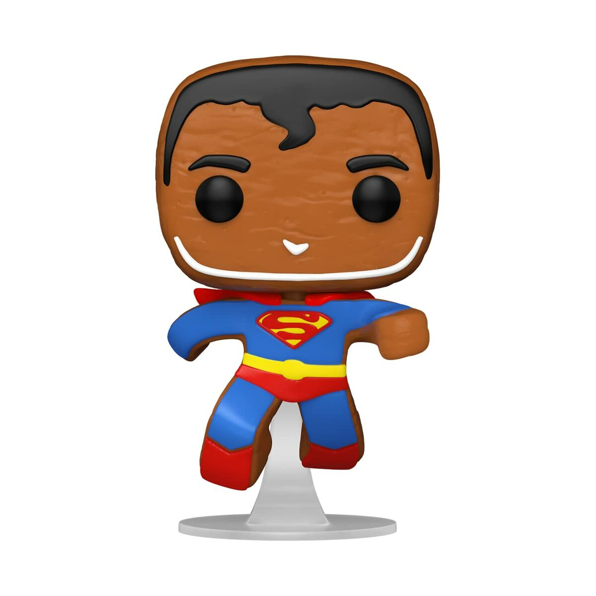 Figura di Superman in stile pan di zenzero. Pelle marrone, capelli neri, costume rosso e blu.