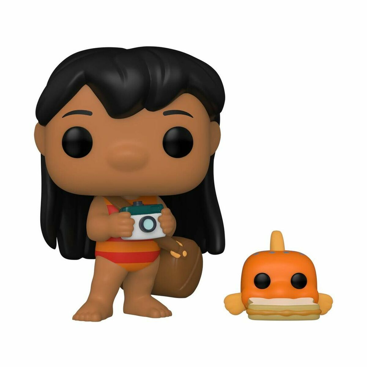 Figurka Funko Pop Lilo i Stitch: Lilo z aparatem i figurka ryby z kanapką.