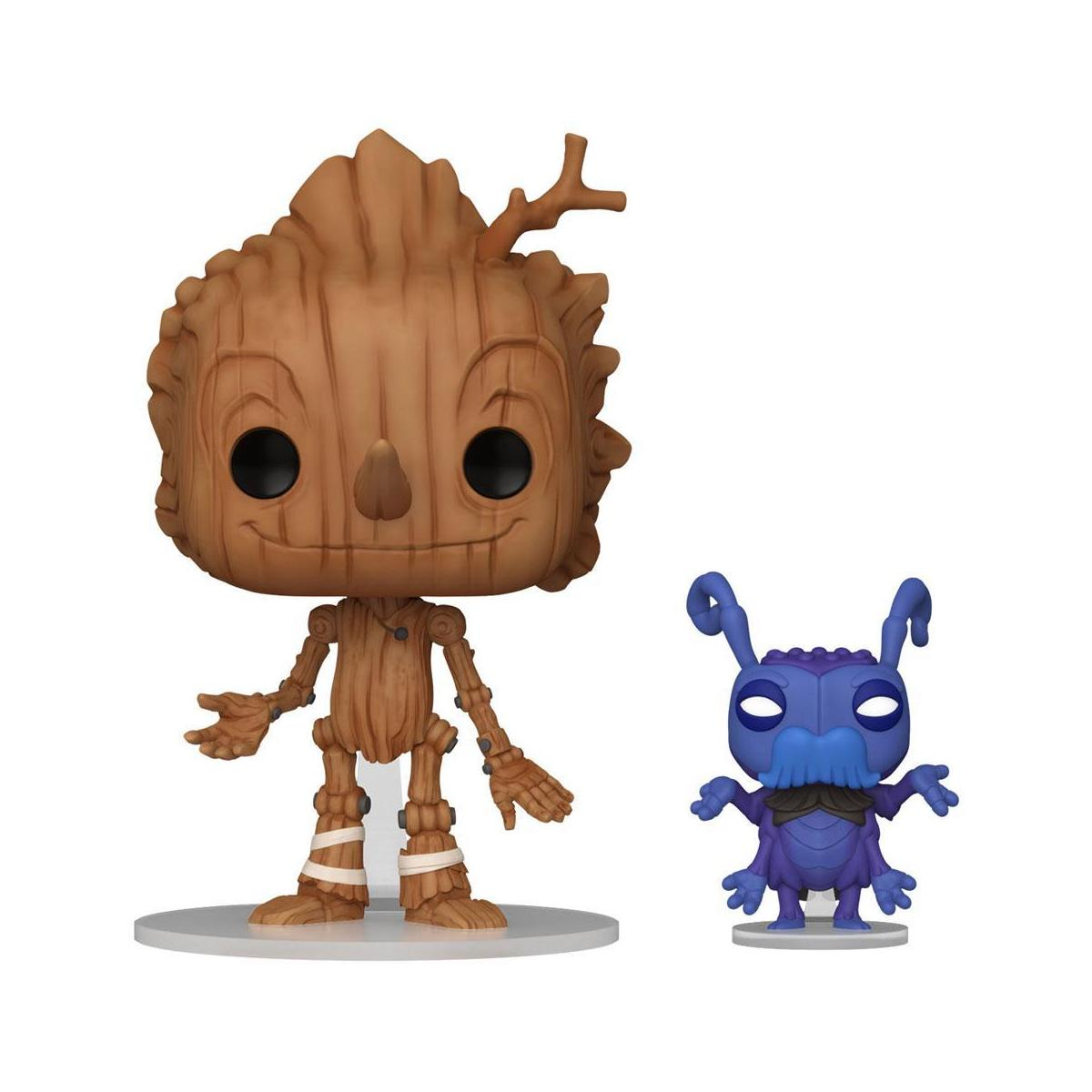 Due statuette Funko Pop: una è un personaggio simile a un albero e l'altro è un piccolo alieno viola.