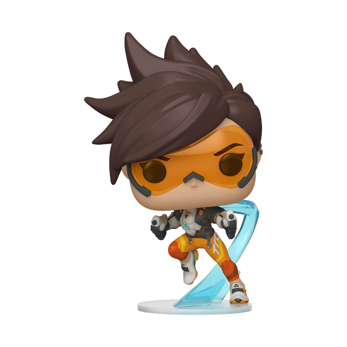 Figurka Funko Pop Tracer. Ma brązowe włosy i pomarańczowe gogle, pozuje.